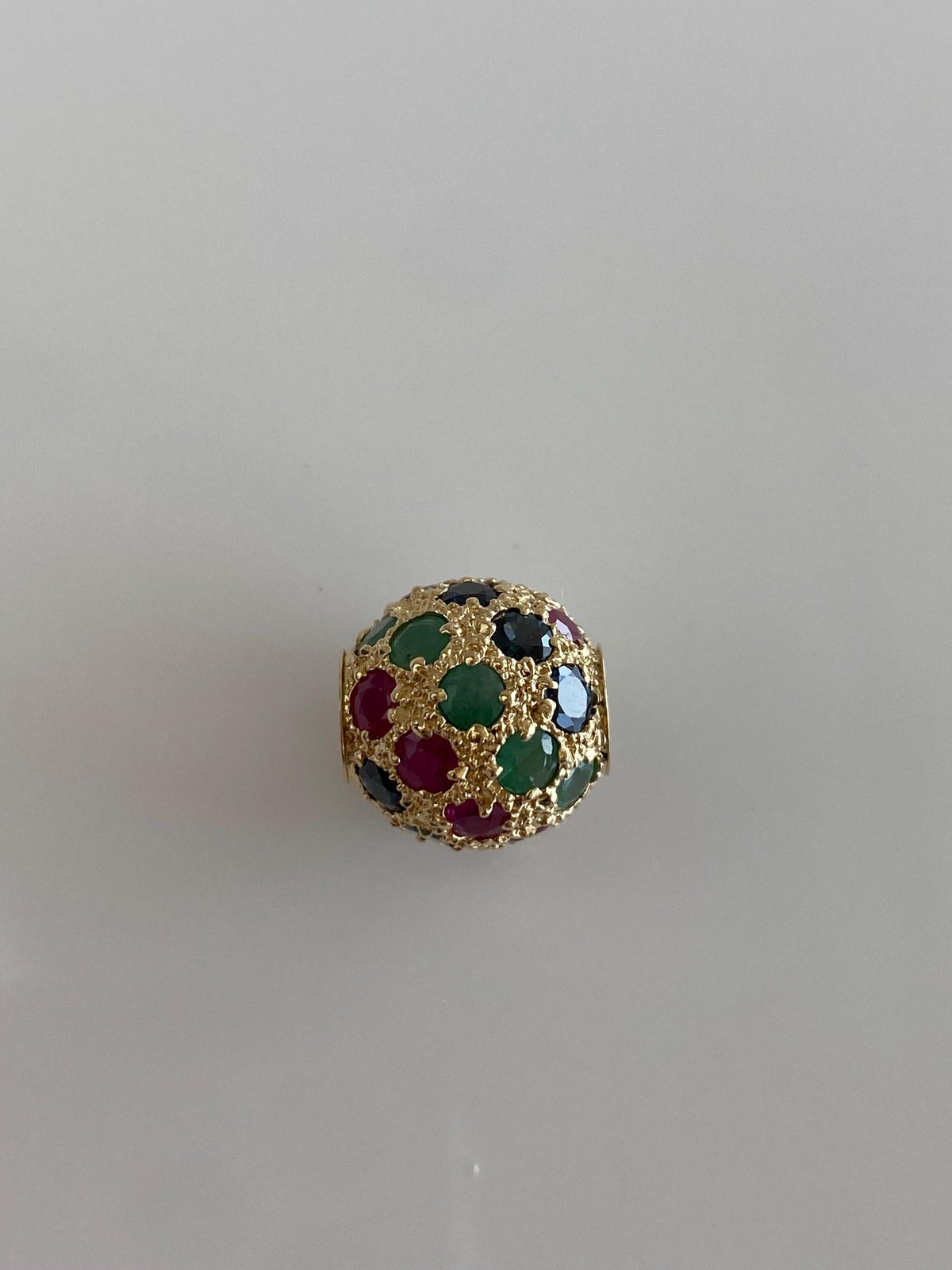 Vintage Solid 14k Yellow Gold Emerald Ruby Blue Sapphire Textured Ball Charm