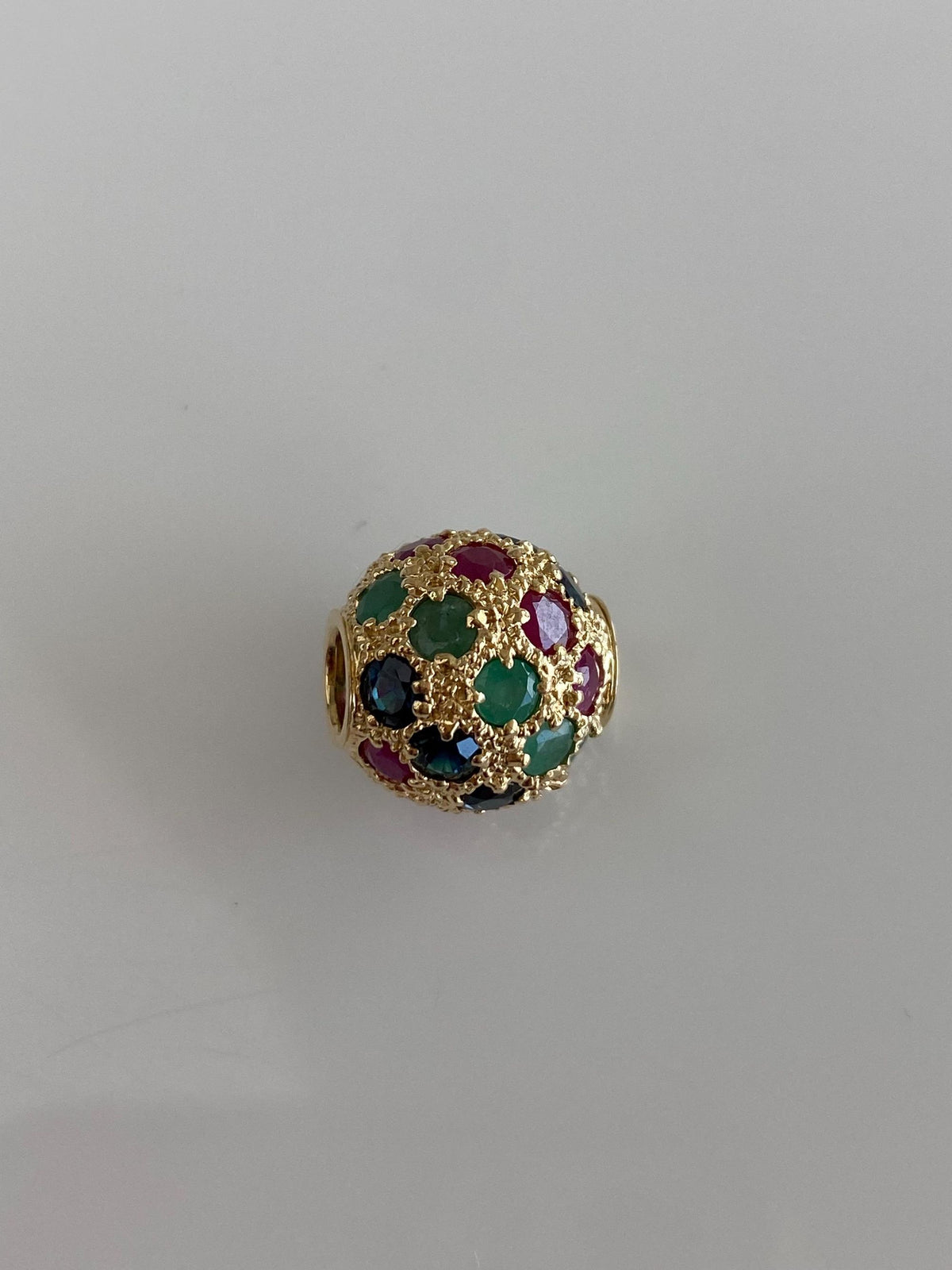 Vintage Solid 14k Yellow Gold Emerald Ruby Blue Sapphire Textured Ball Charm