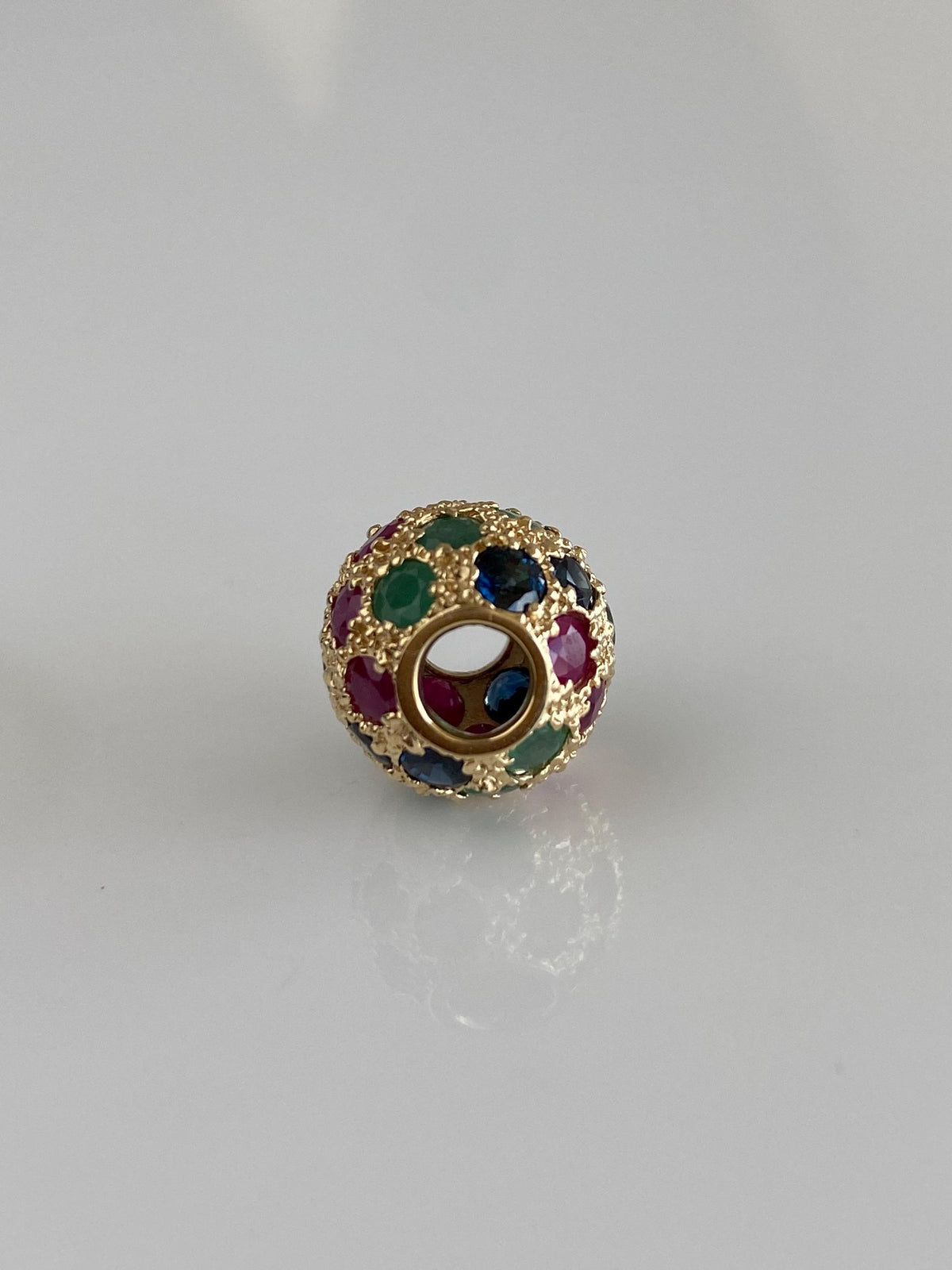 Vintage Solid 14k Yellow Gold Emerald Ruby Blue Sapphire Textured Ball Charm