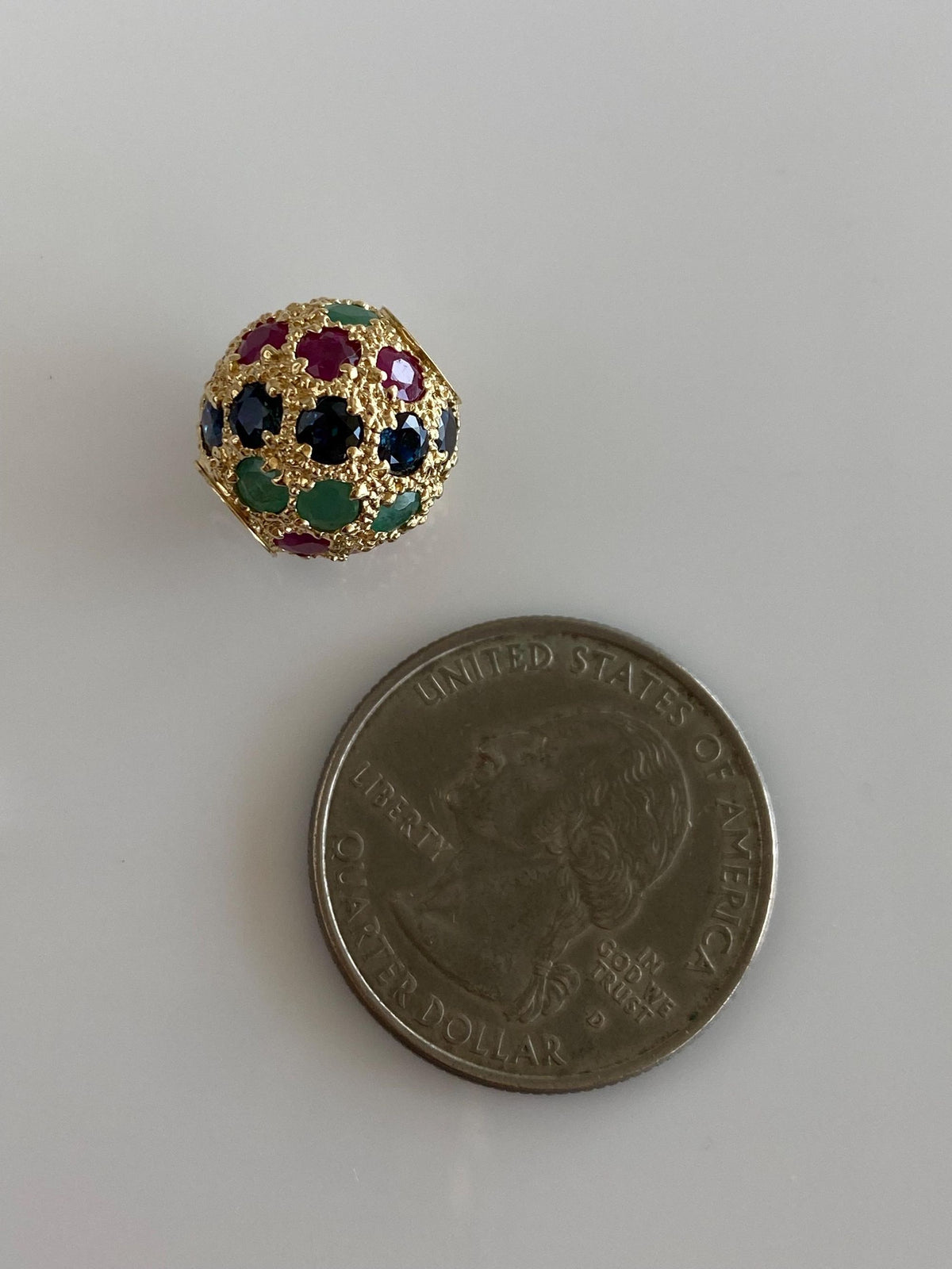 Vintage Solid 14k Yellow Gold Emerald Ruby Blue Sapphire Textured Ball Charm