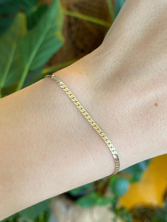 Vintage Solid 14k Yellow Gold Flat Curb Chain Bracelet - 7 inches