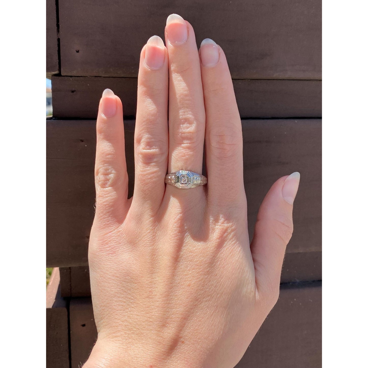 Vintage Solid 18k White Gold Clear Sapphire Art Deco Ring - Size 9.25