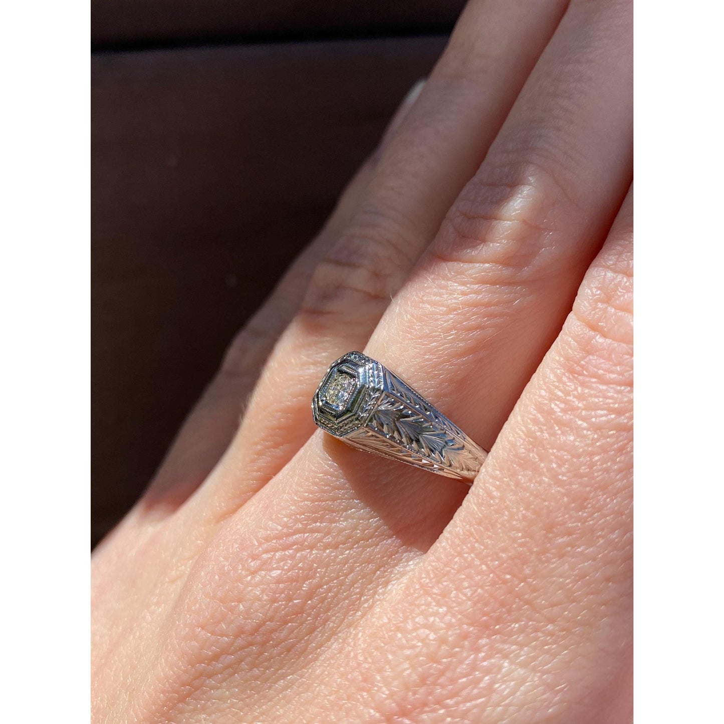 Vintage Solid 18k White Gold Clear Sapphire Art Deco Ring - Size 9.25