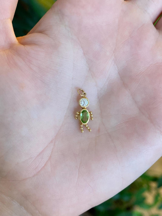 Vintage 14k Yellow Gold Green & Clear Cubic Zirconia Little Boy Charm
