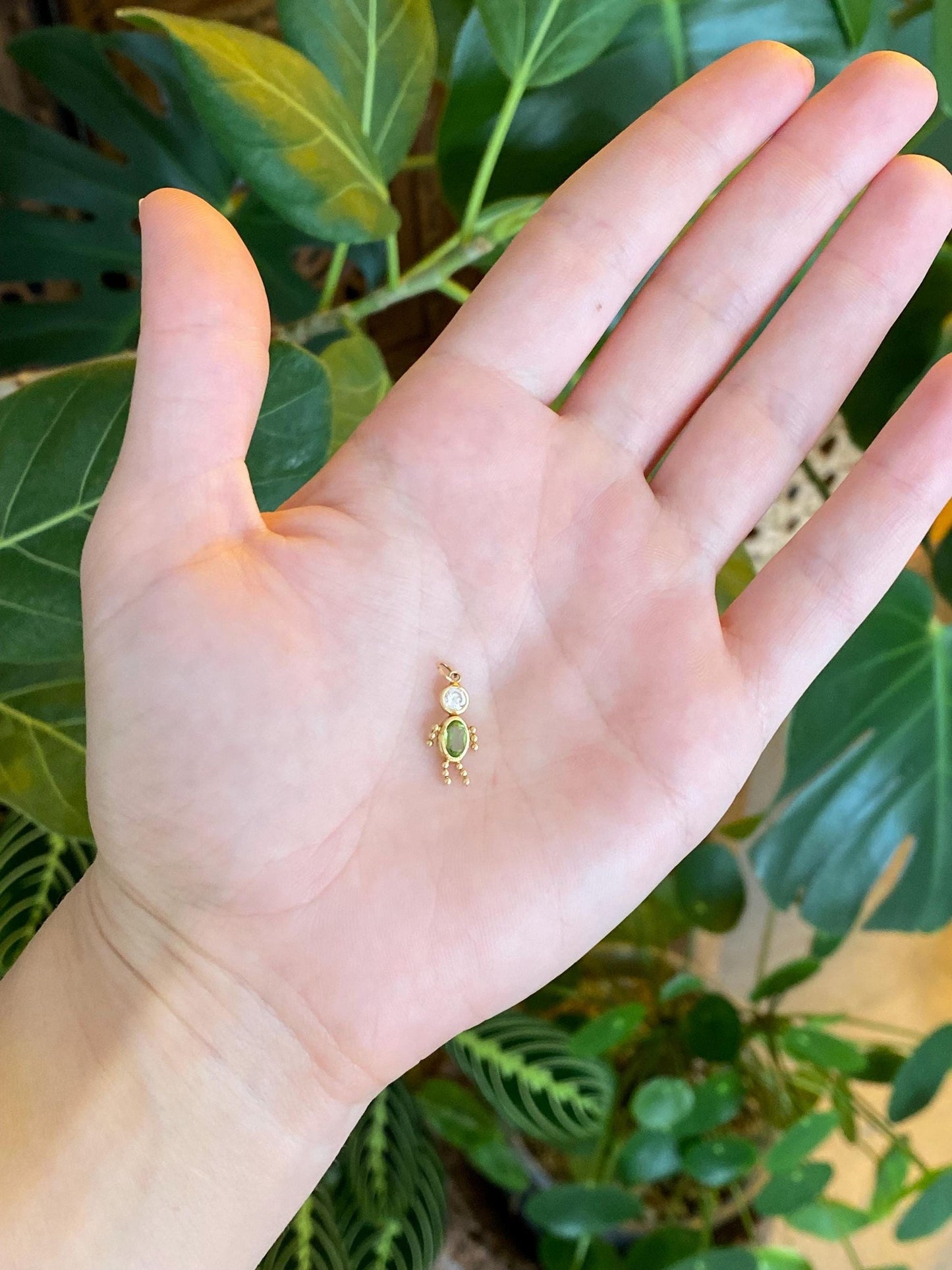 Vintage 14k Yellow Gold Green & Clear Cubic Zirconia Little Boy Charm