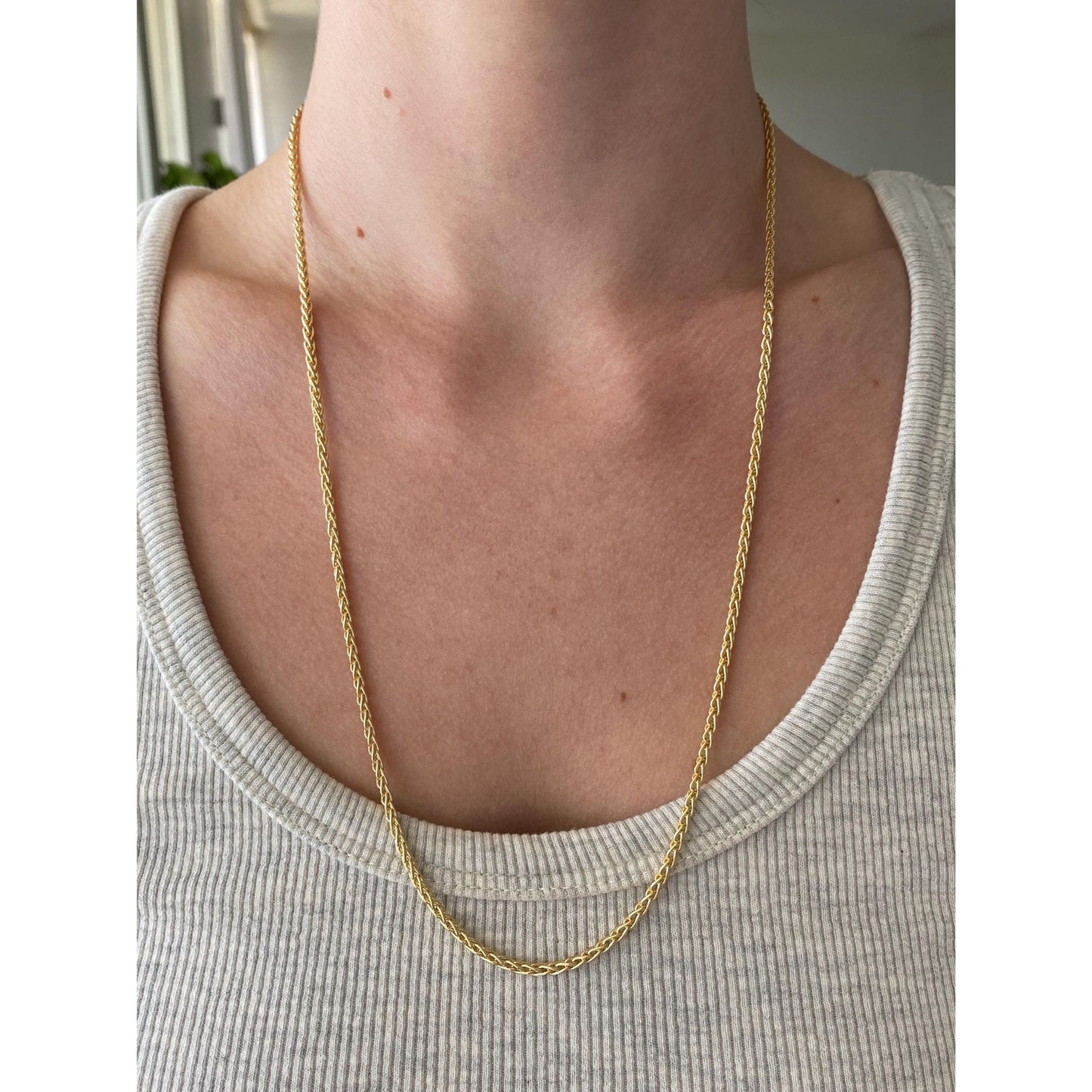 Solid 18k Yellow Gold Long Wheat Chain Necklace - 24 inches