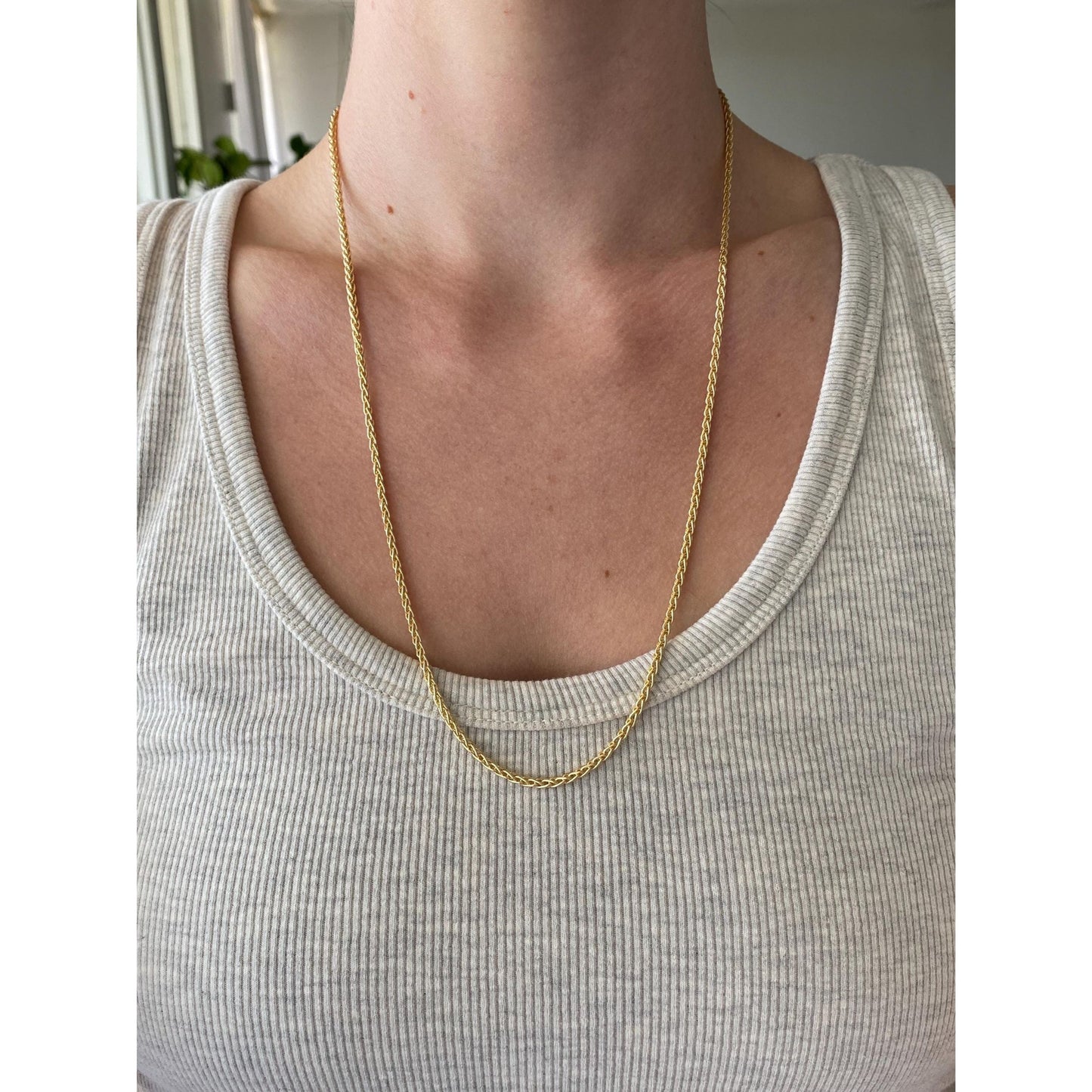 Solid 18k Yellow Gold Long Wheat Chain Necklace - 24 inches