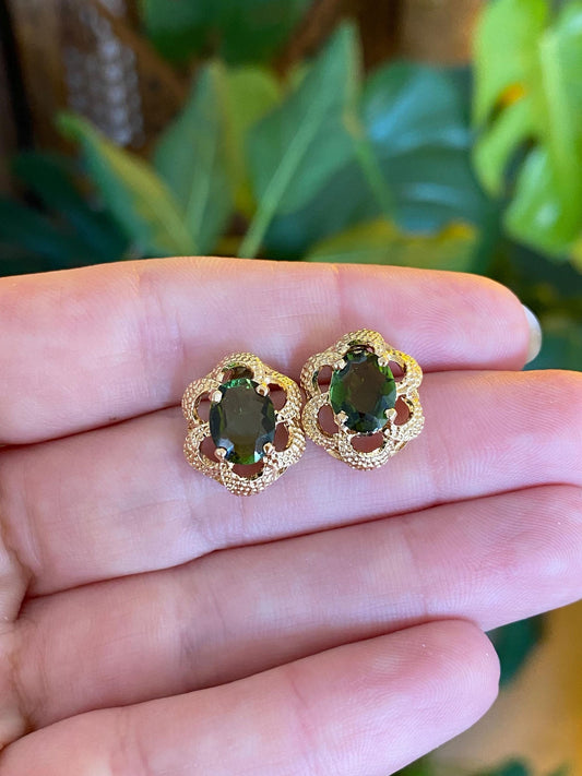 Solid 18k Yellow Gold Green Tourmaline Stud Earrings