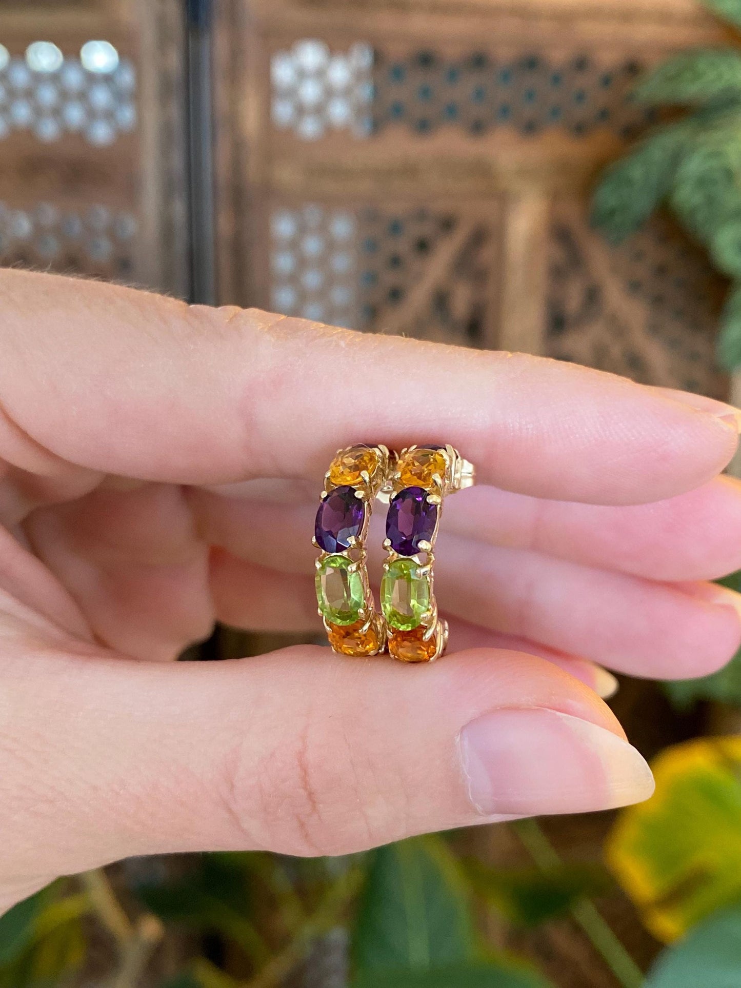 Vintage Solid 14k Yellow Gold Garnet Citrine Peridot Amethyst Hoop Earrings