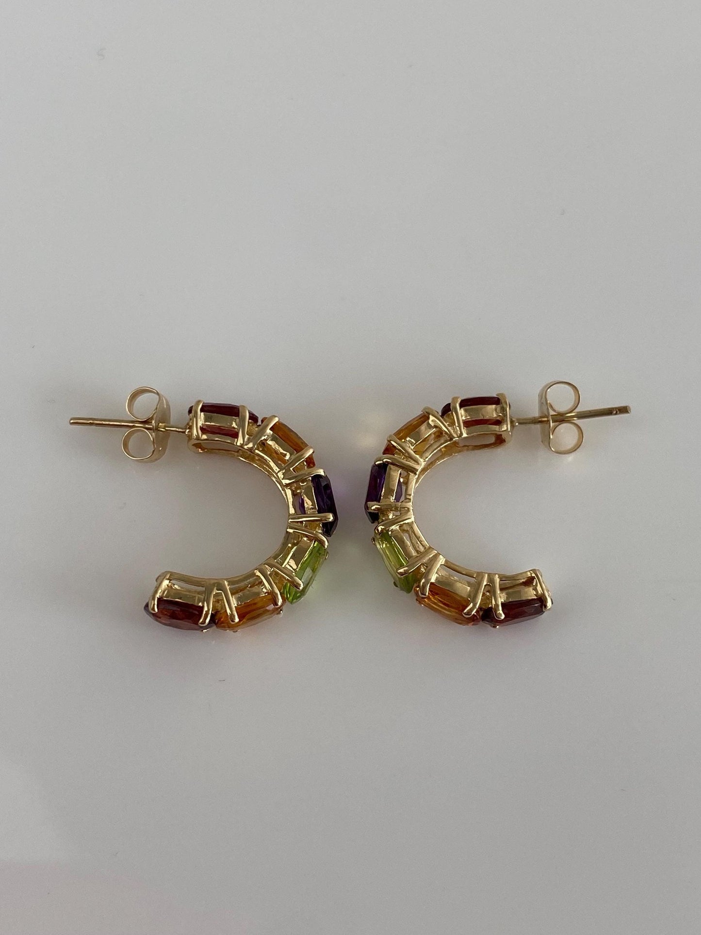 Vintage Solid 14k Yellow Gold Garnet Citrine Peridot Amethyst Hoop Earrings