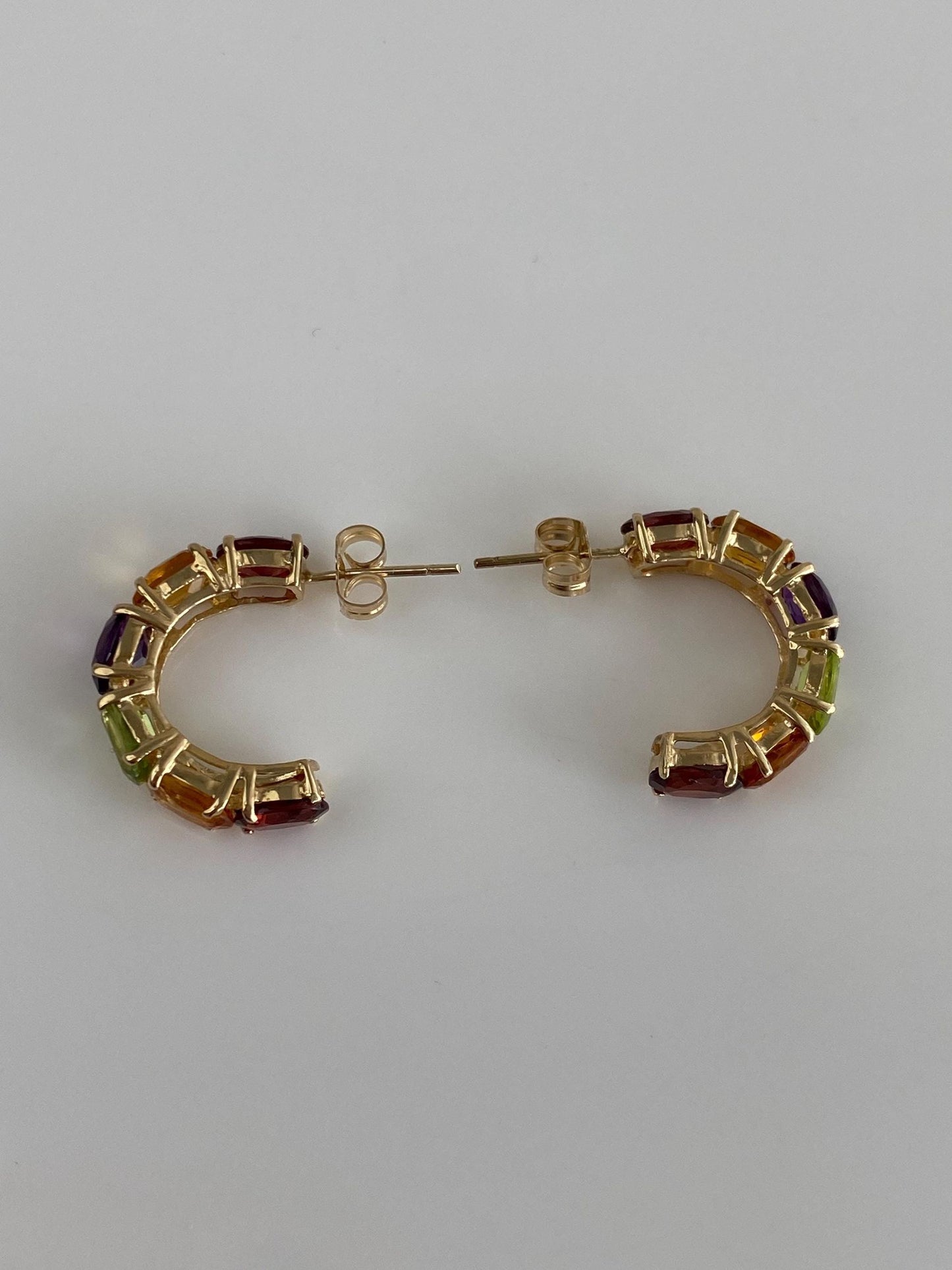 Vintage Solid 14k Yellow Gold Garnet Citrine Peridot Amethyst Hoop Earrings