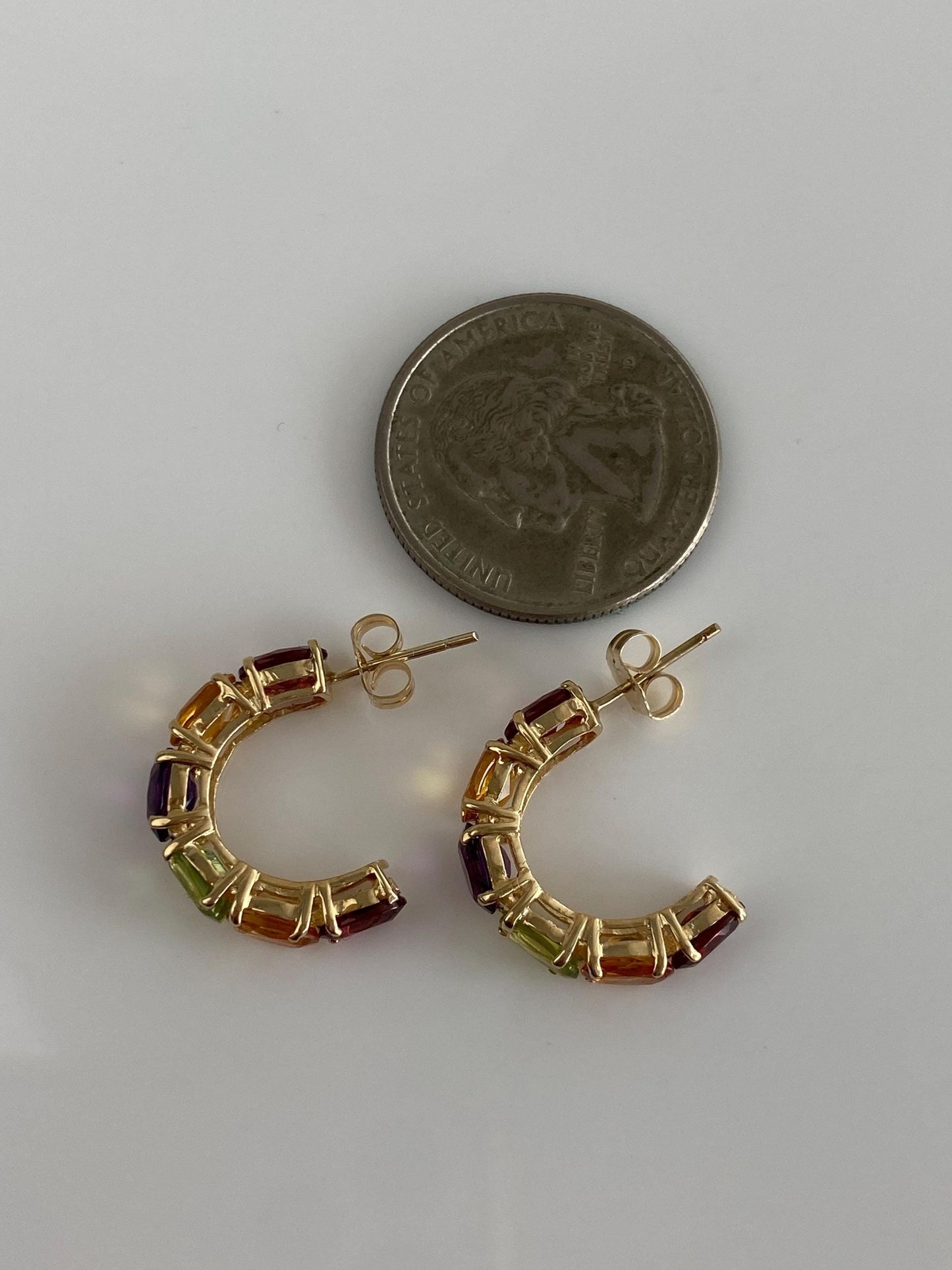 Vintage Solid 14k Yellow Gold Garnet Citrine Peridot Amethyst Hoop Earrings