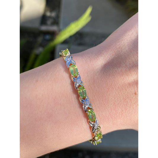 Vintage Solid 14k White & Yellow Gold Diamond Peridot X Link Bracelet - 7.25 inches
