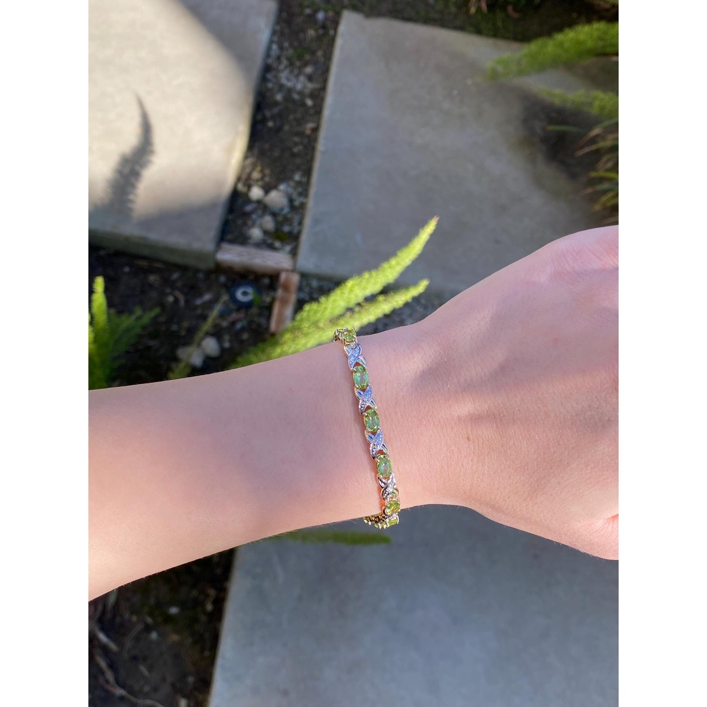 Vintage Solid 14k White & Yellow Gold Diamond Peridot X Link Bracelet - 7.25 inches