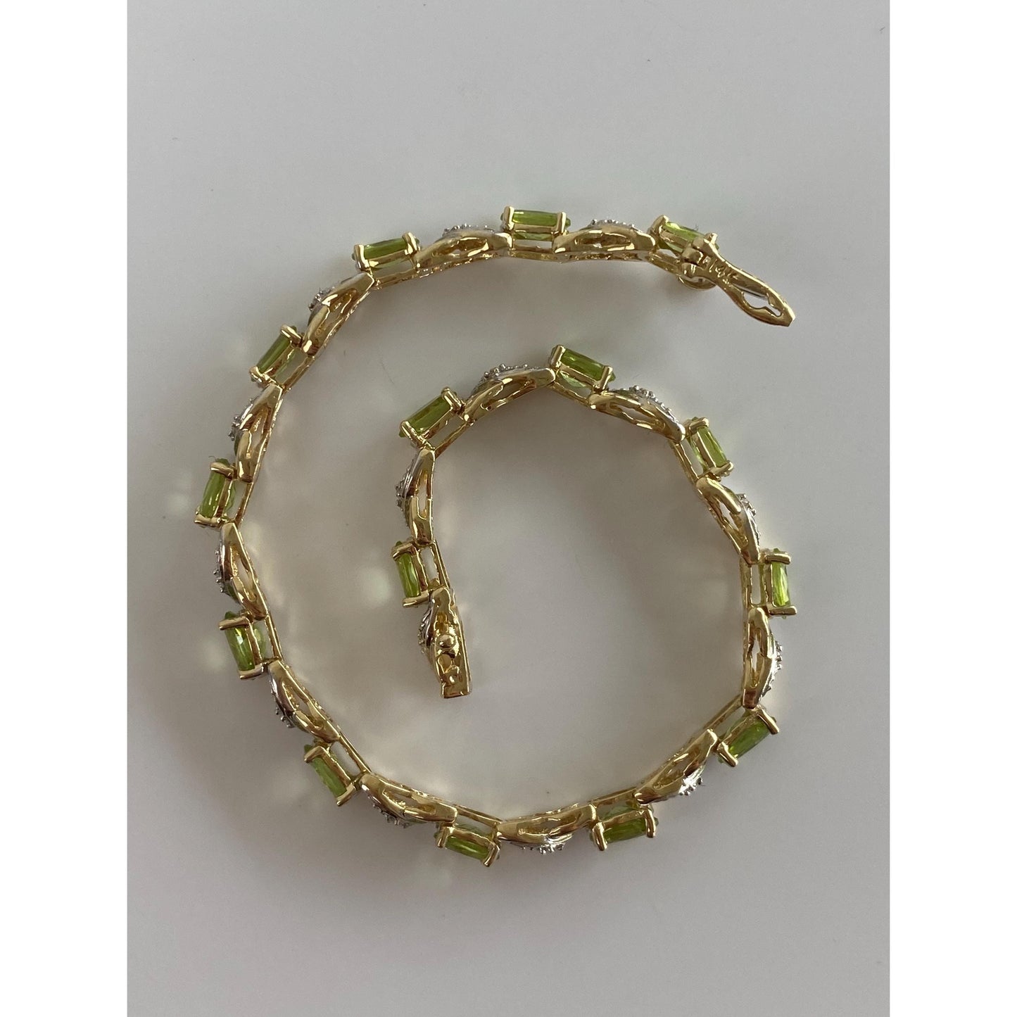 Vintage Solid 14k White & Yellow Gold Diamond Peridot X Link Bracelet - 7.25 inches