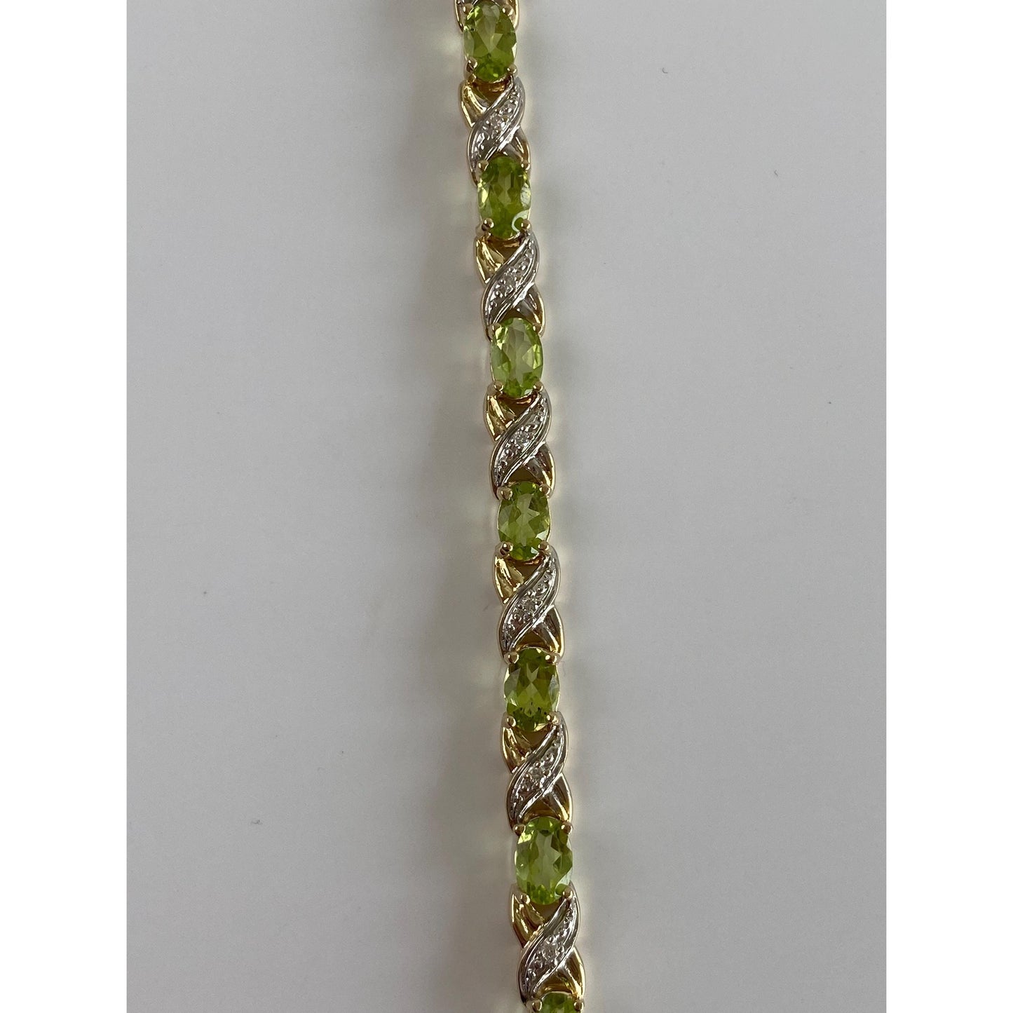 Vintage Solid 14k White & Yellow Gold Diamond Peridot X Link Bracelet - 7.25 inches