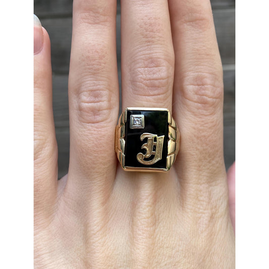 Vintage Solid 10k White & Yellow Gold Onyx Diamond Initial 'J' Signet Ring - Size 9.75