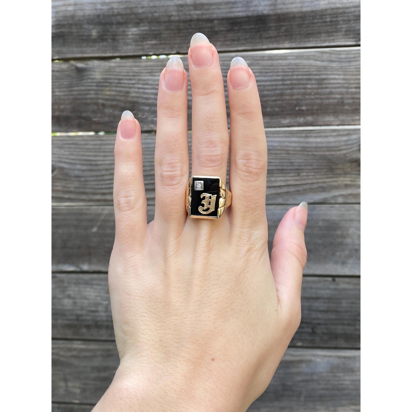 Vintage Solid 10k White & Yellow Gold Onyx Diamond Initial 'J' Signet Ring - Size 9.75