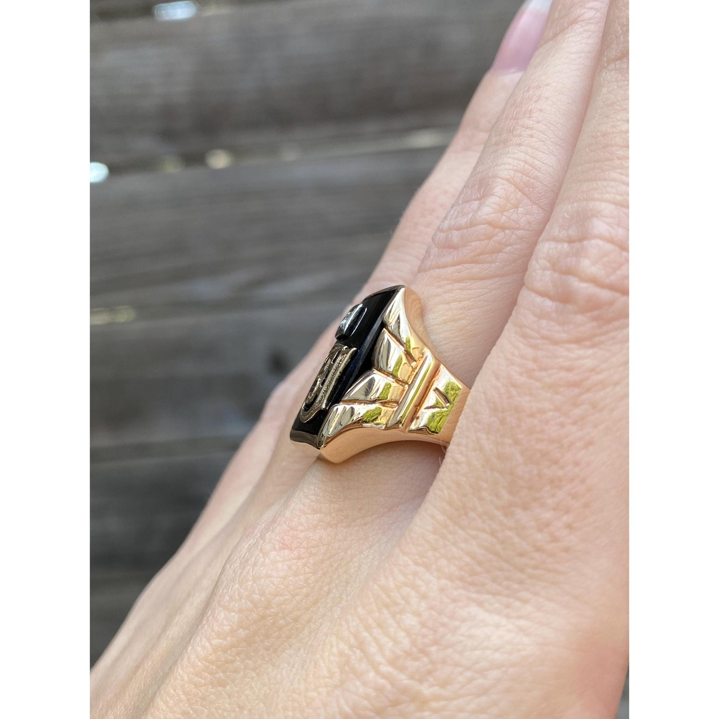 Vintage Solid 10k White & Yellow Gold Onyx Diamond Initial 'J' Signet Ring - Size 9.75