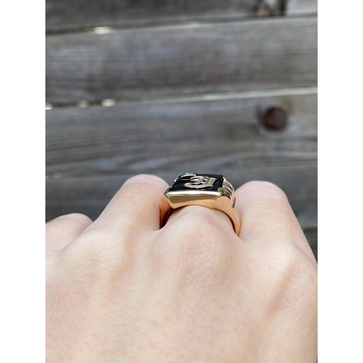 Vintage Solid 10k White & Yellow Gold Onyx Diamond Initial 'J' Signet Ring - Size 9.75