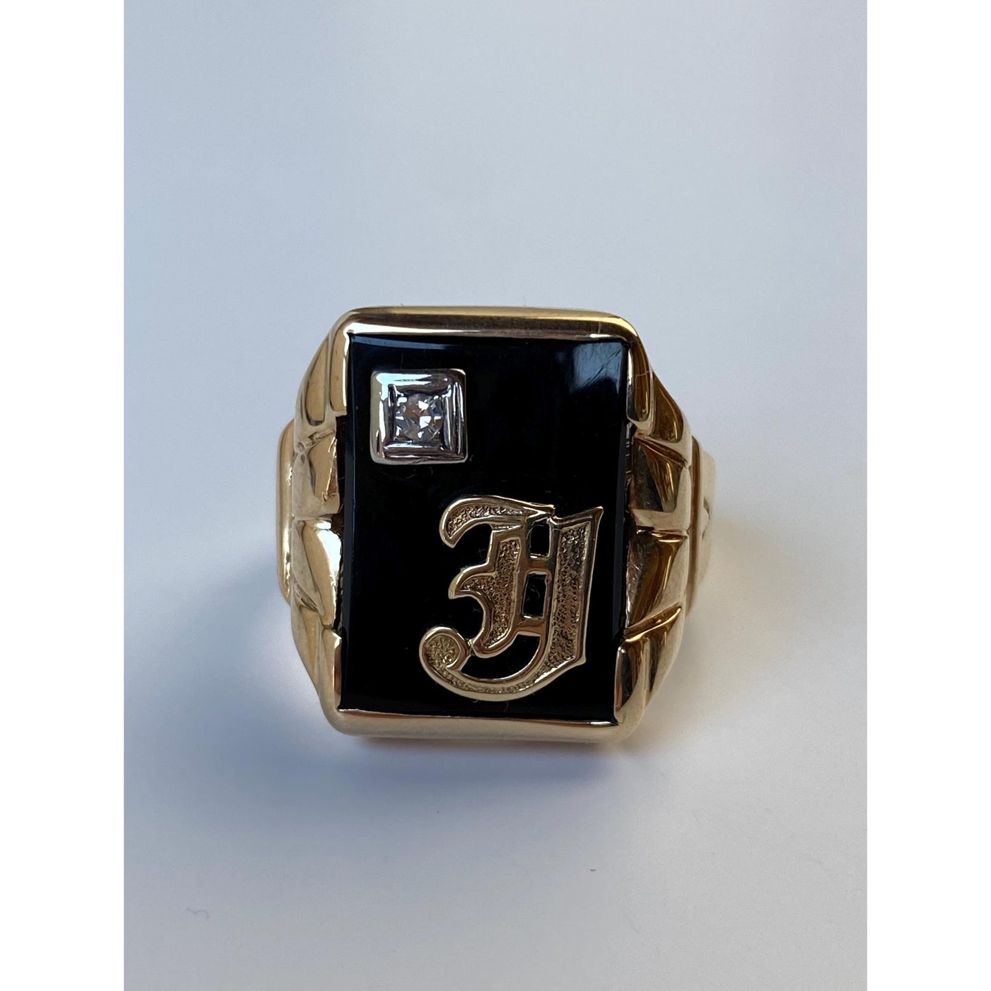 Vintage Solid 10k White & Yellow Gold Onyx Diamond Initial 'J' Signet Ring - Size 9.75