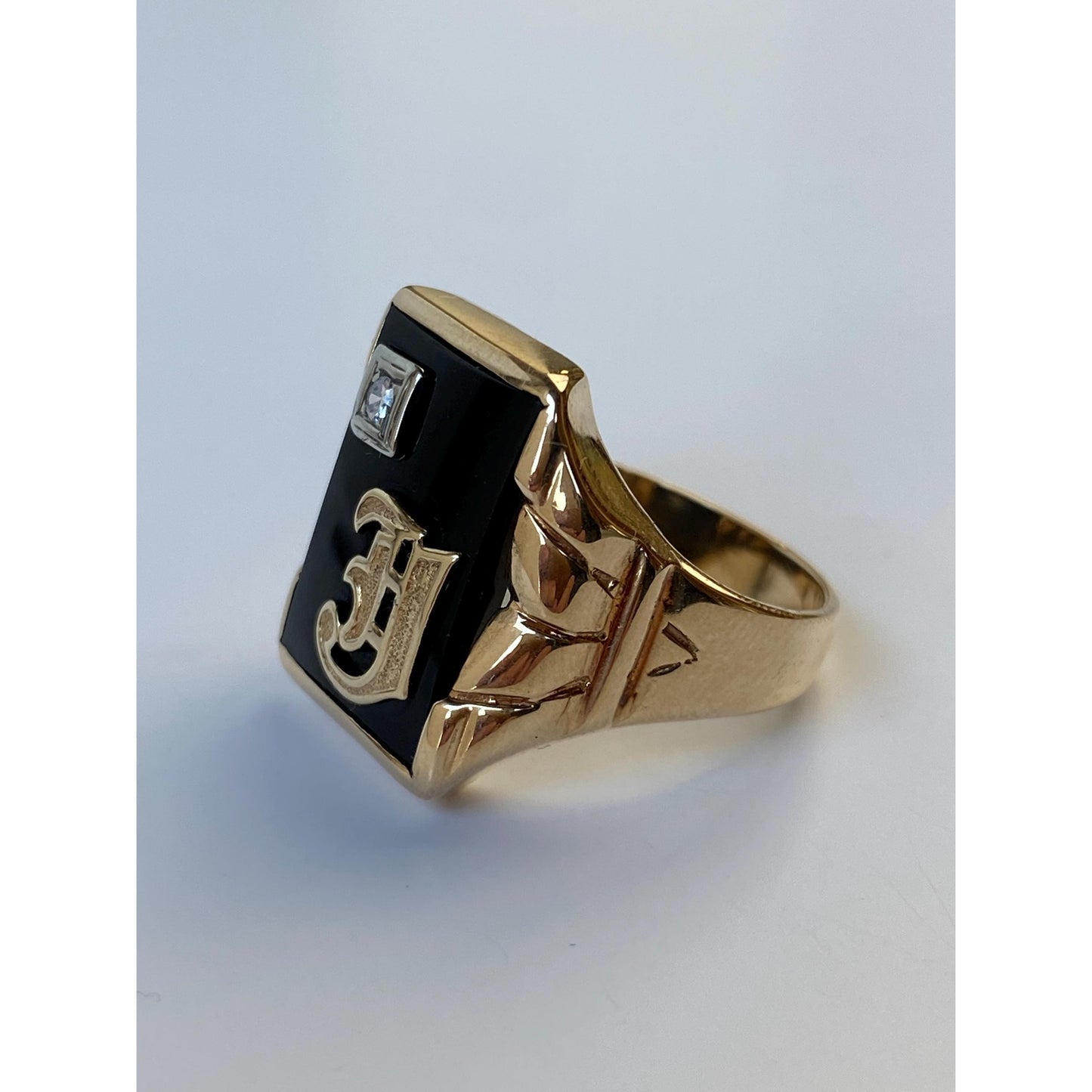 Vintage Solid 10k White & Yellow Gold Onyx Diamond Initial 'J' Signet Ring - Size 9.75