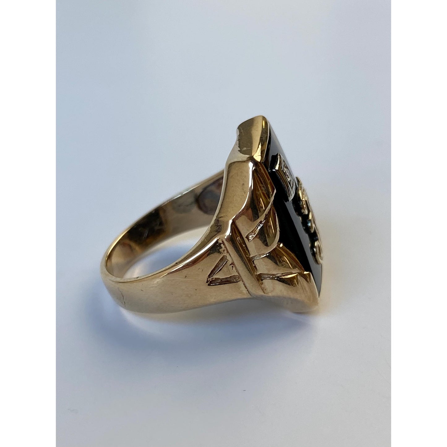 Vintage Solid 10k White & Yellow Gold Onyx Diamond Initial 'J' Signet Ring - Size 9.75