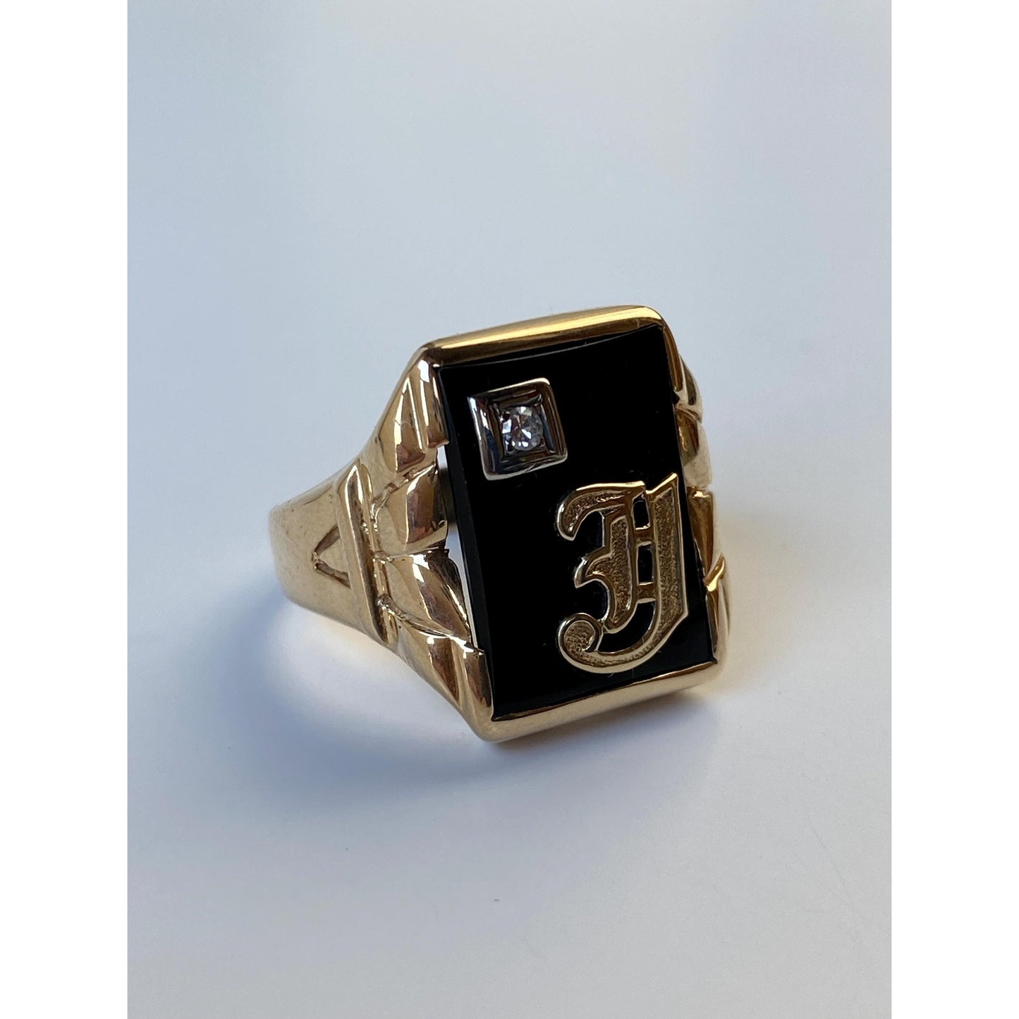 Vintage Solid 10k White & Yellow Gold Onyx Diamond Initial 'J' Signet Ring - Size 9.75