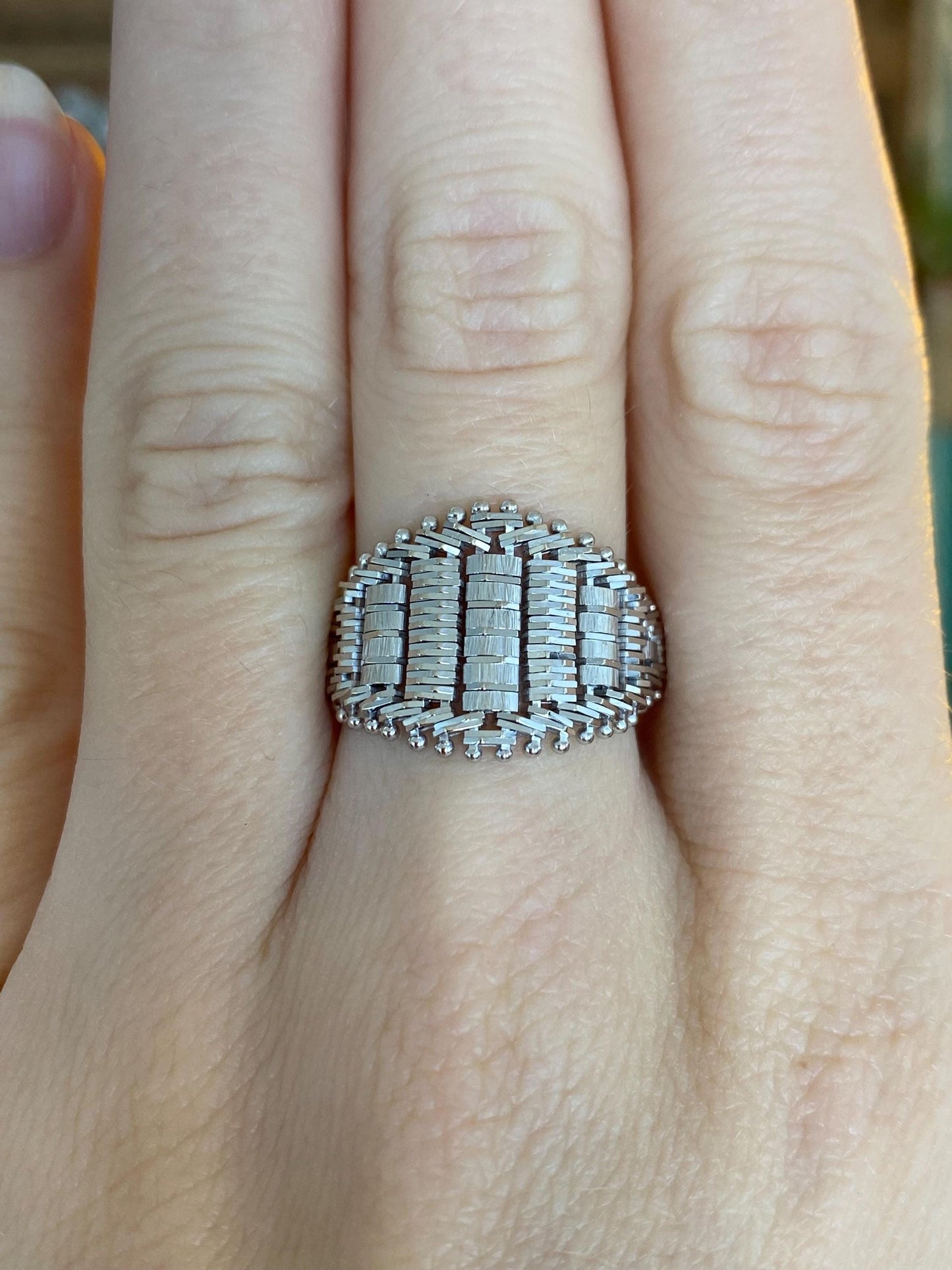 Vintage Solid 14k White Gold Woven Chain Mesh Ring Band - Size 8.5