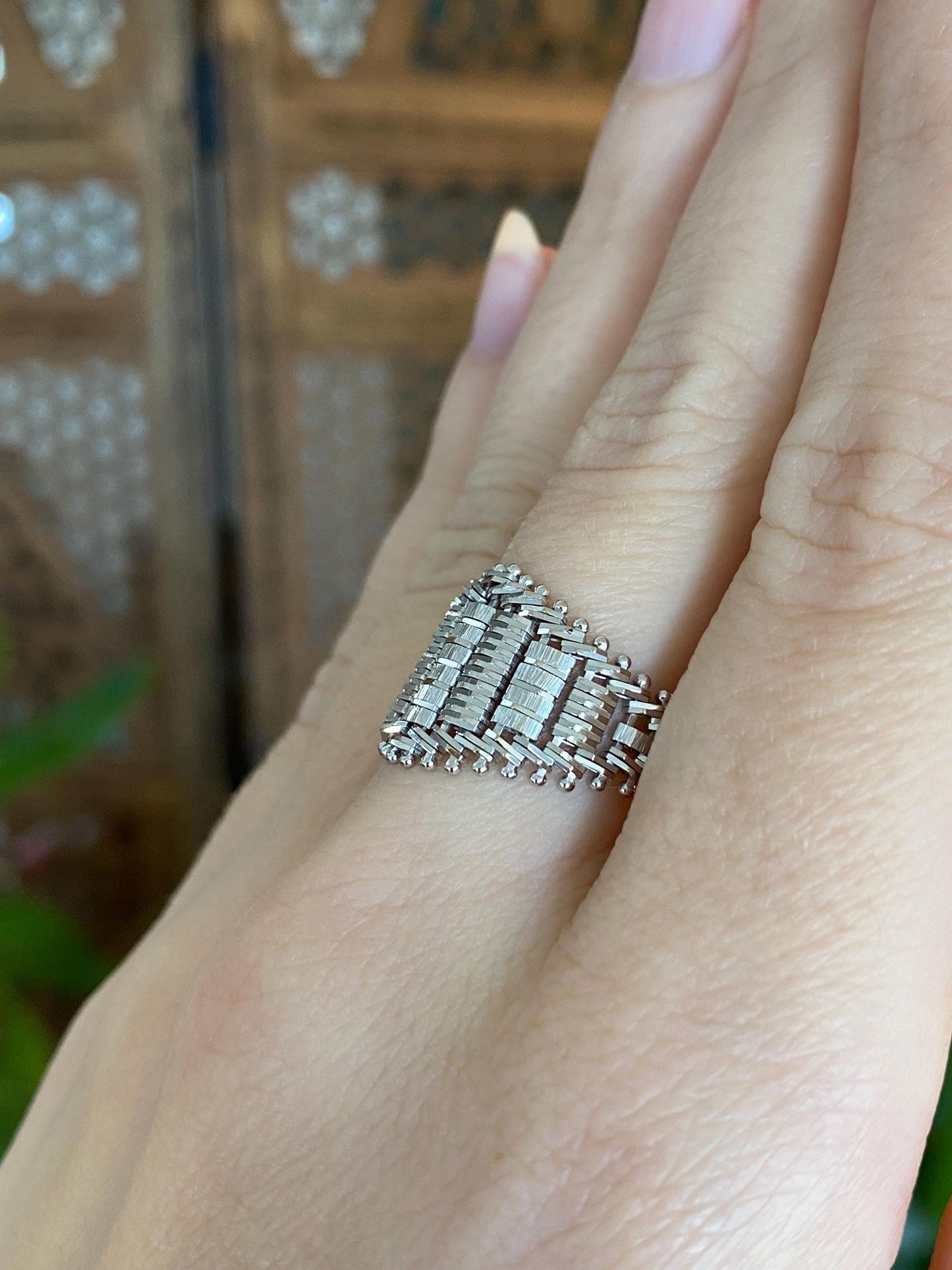 Vintage Solid 14k White Gold Woven Chain Mesh Ring Band - Size 8.5