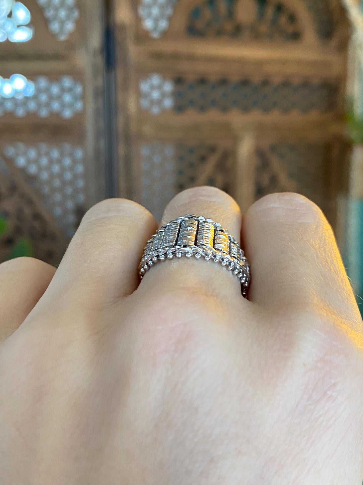 Vintage Solid 14k White Gold Woven Chain Mesh Ring Band - Size 8.5
