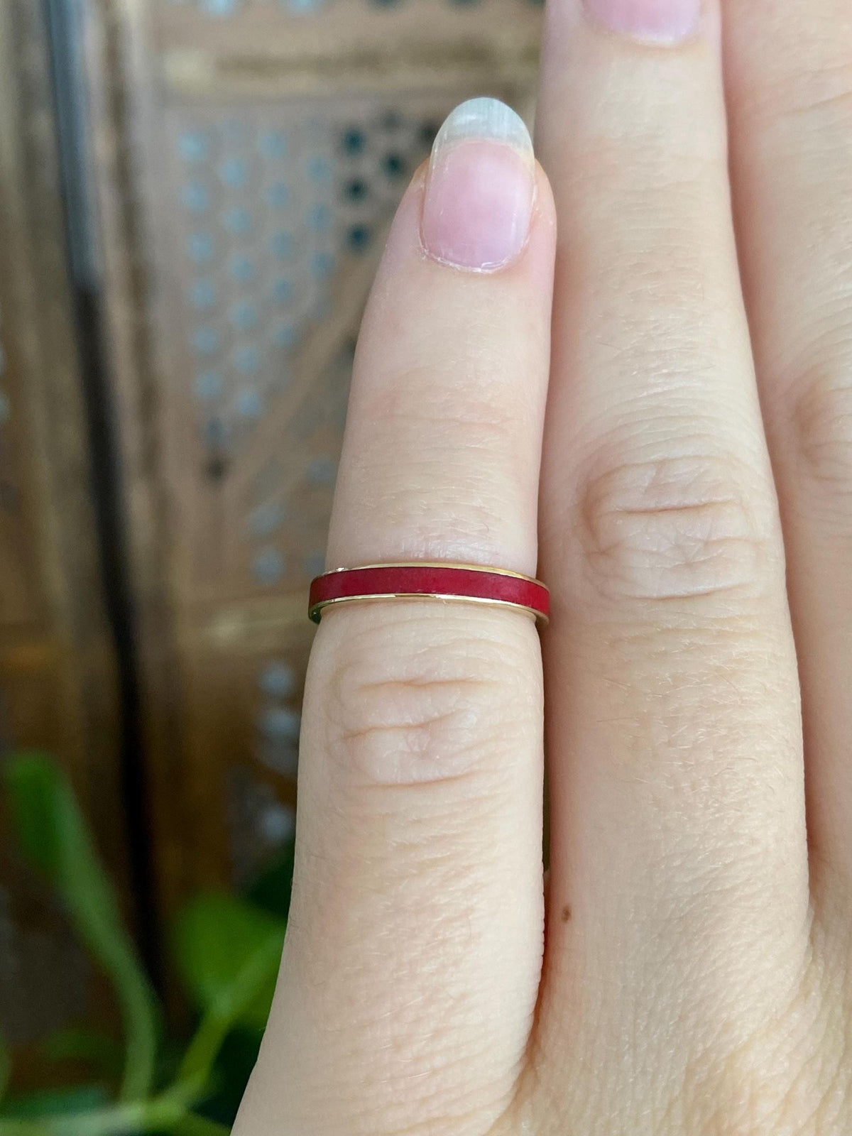 Vintage Solid 14k Yellow Gold Red Enamel Inlay Ring Band - Size 2.75