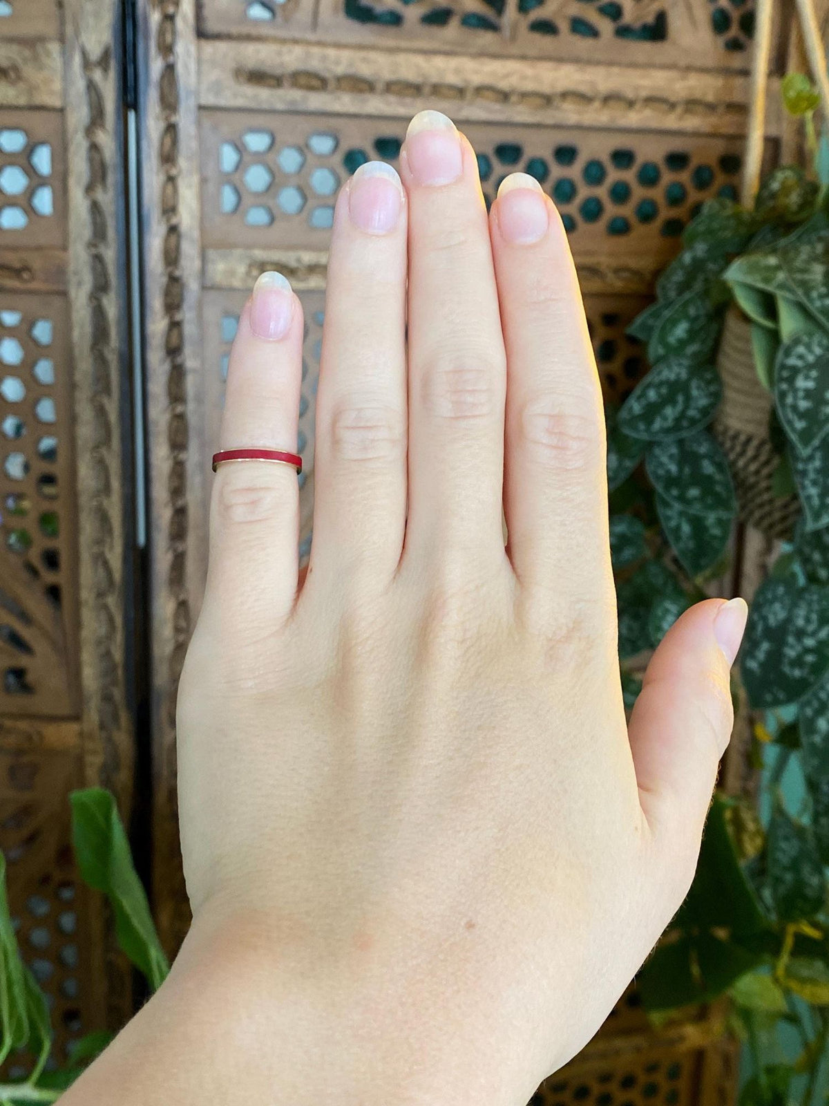 Vintage Solid 14k Yellow Gold Red Enamel Inlay Ring Band - Size 2.75