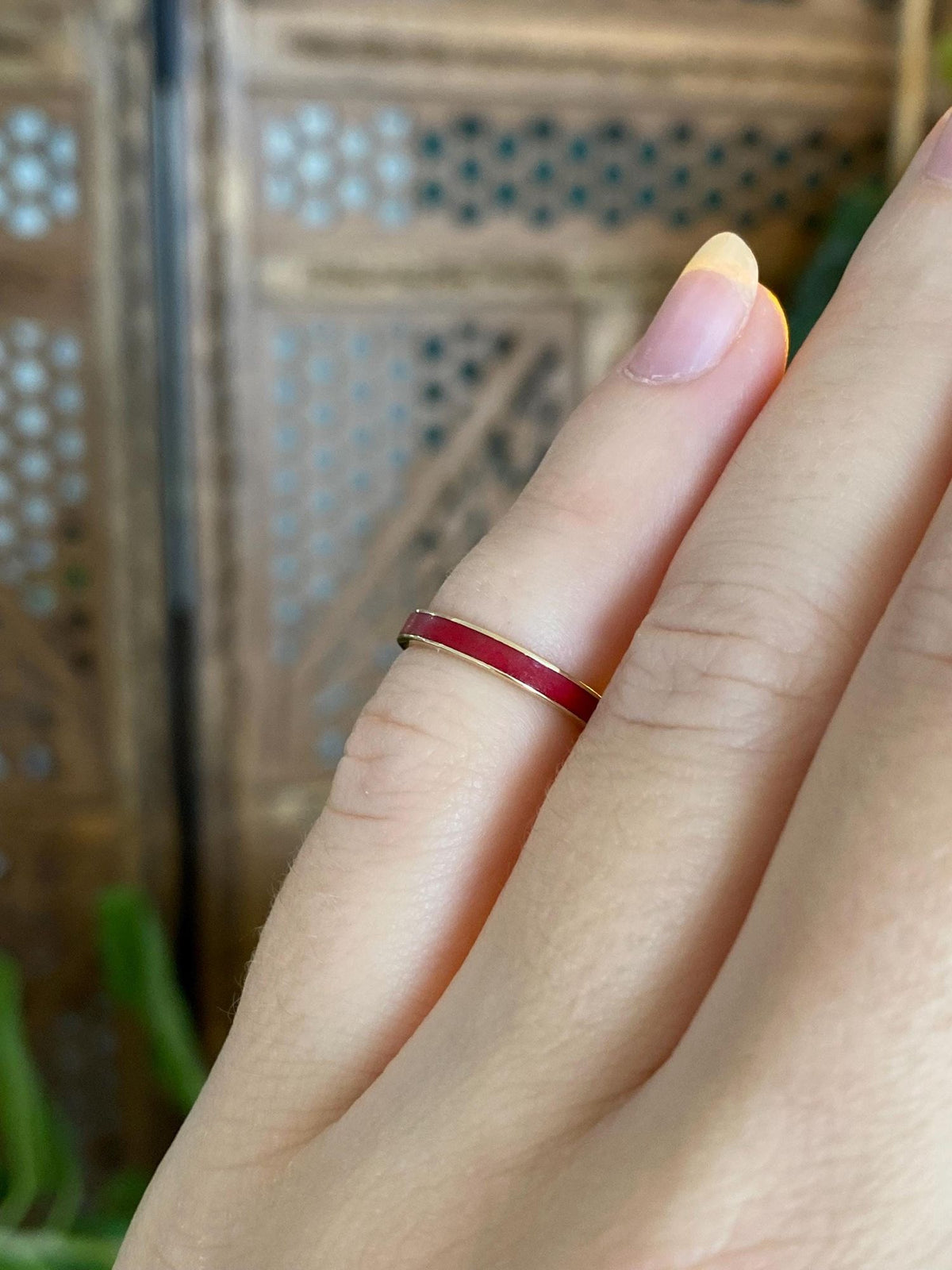 Vintage Solid 14k Yellow Gold Red Enamel Inlay Ring Band - Size 2.75