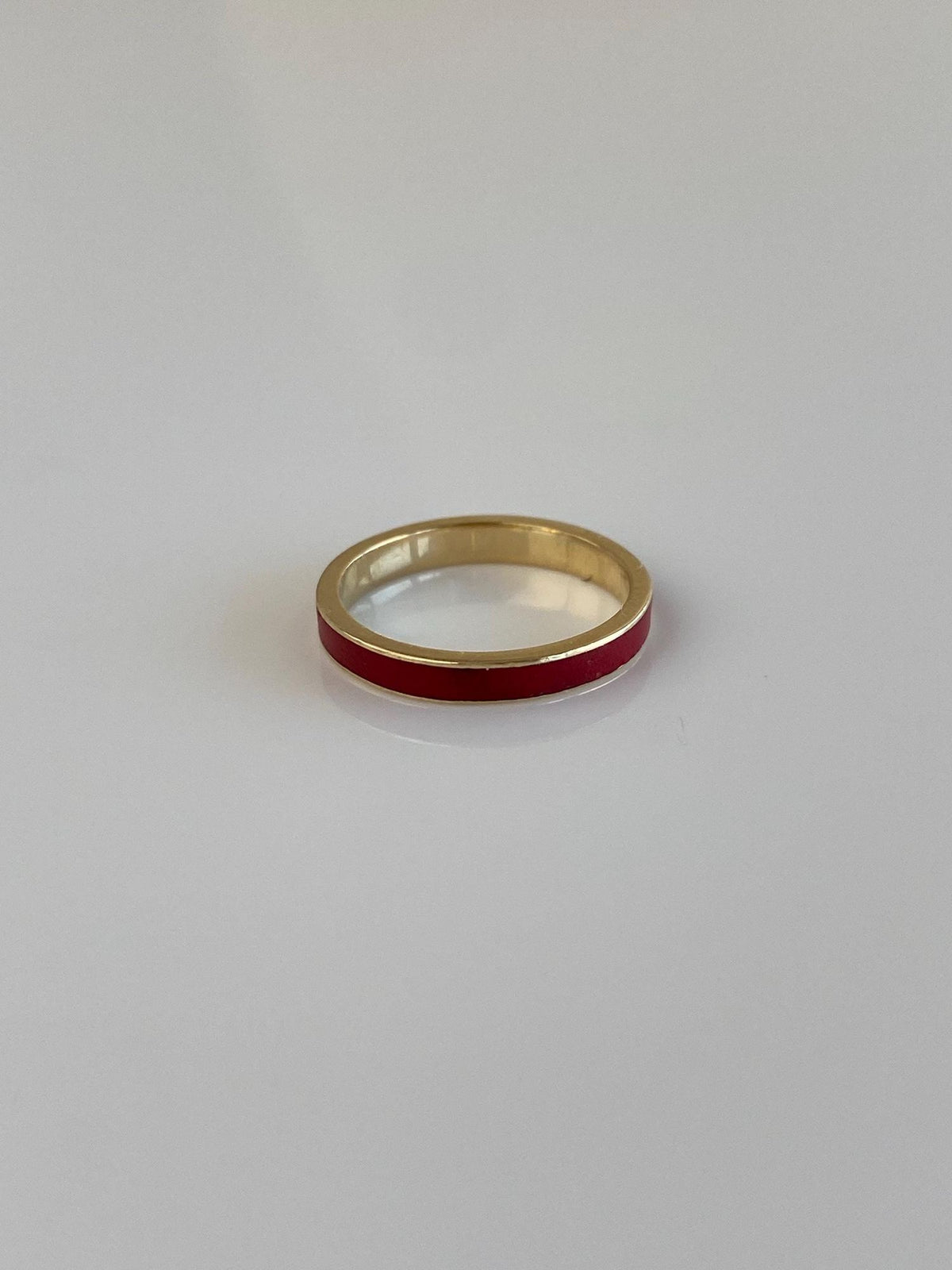 Vintage Solid 14k Yellow Gold Red Enamel Inlay Ring Band - Size 2.75
