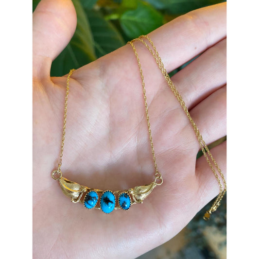 Vintage Solid 14k Yellow Gold Turquoise Leaves Dainty Chain Necklace - 15.75 inches