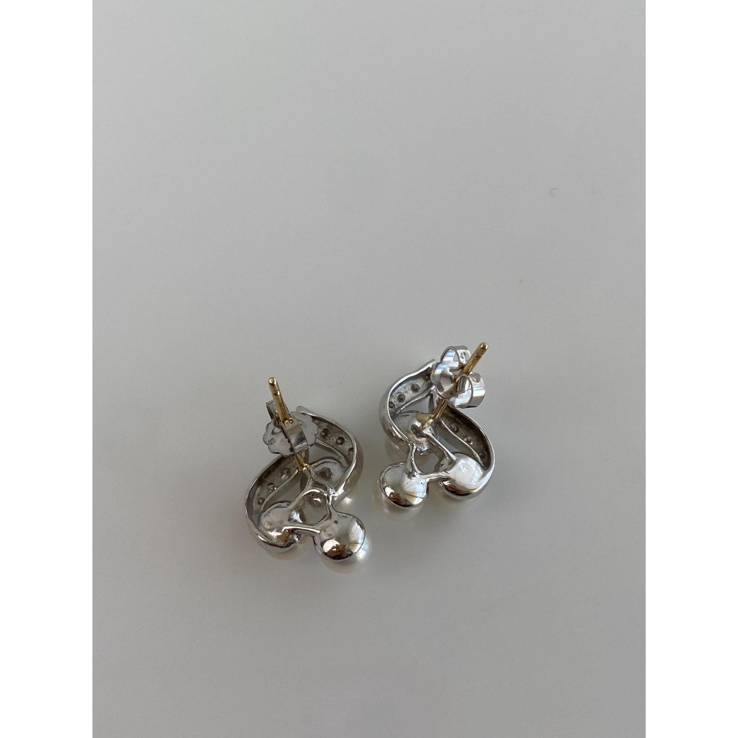 Vintage Solid 14k White Gold Diamond Pearl Stud Earrings