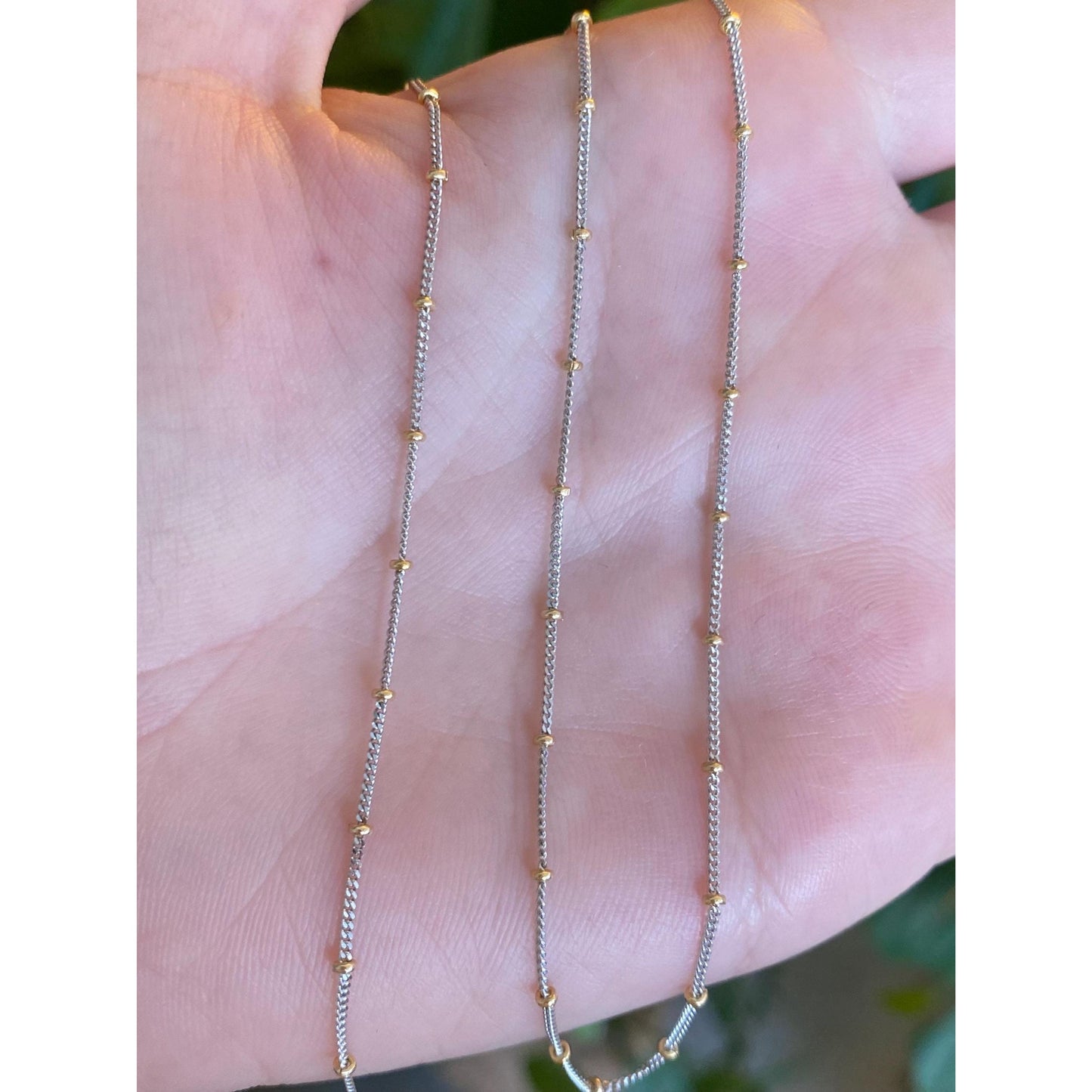 Solid 14k White & Yellow Gold Dainty Satellite Ball Cable Chain Necklace - 17.75 inches