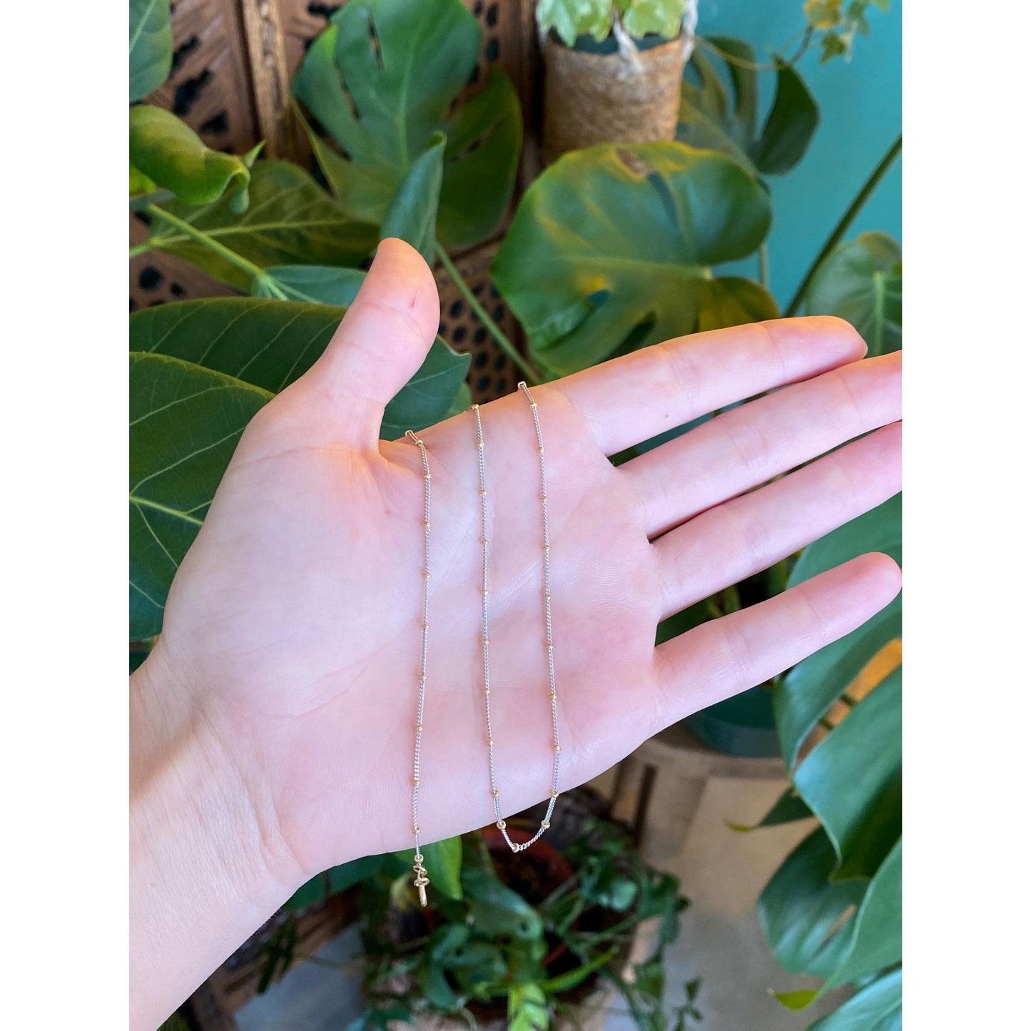 Solid 14k White & Yellow Gold Dainty Satellite Ball Cable Chain Necklace - 17.75 inches