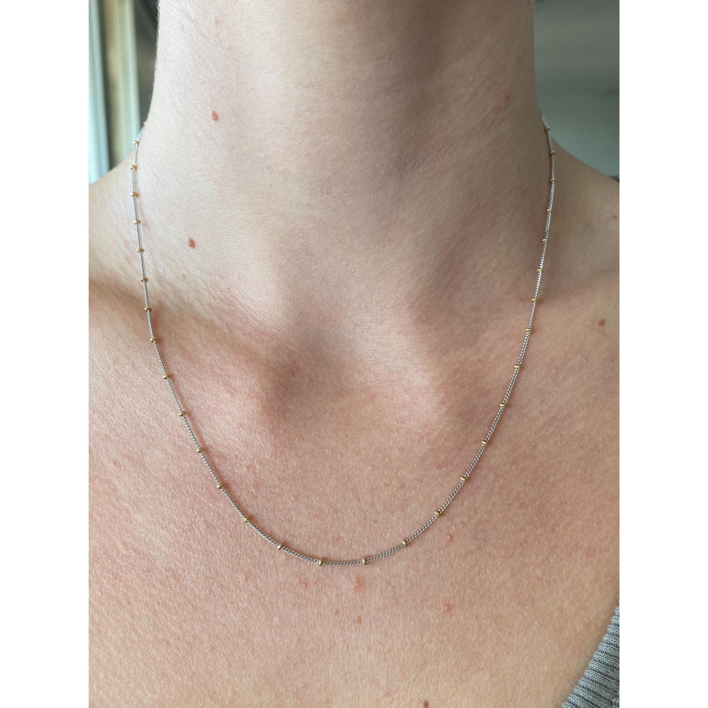 Solid 14k White & Yellow Gold Dainty Satellite Ball Cable Chain Necklace - 17.75 inches