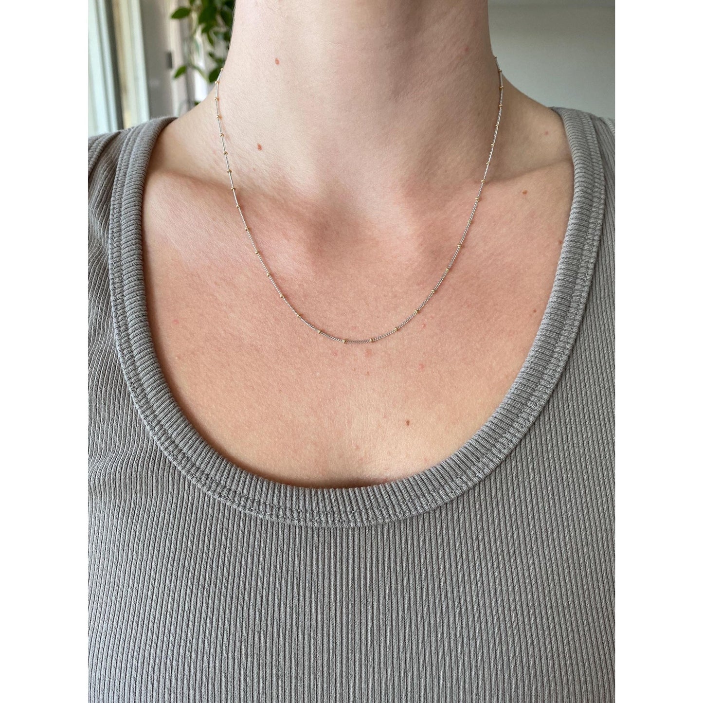 Solid 14k White & Yellow Gold Dainty Satellite Ball Cable Chain Necklace - 17.75 inches