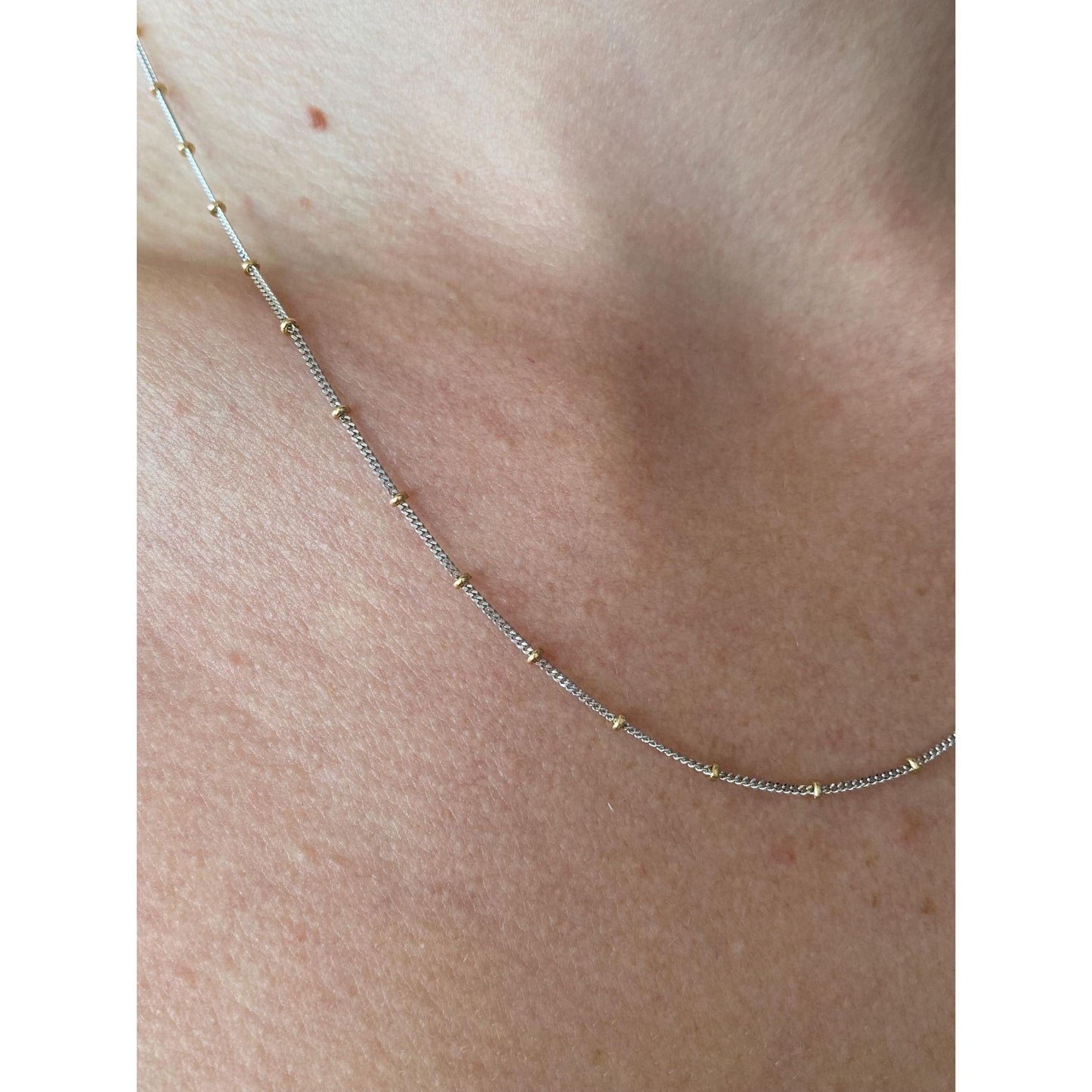 Solid 14k White & Yellow Gold Dainty Satellite Ball Cable Chain Necklace - 17.75 inches