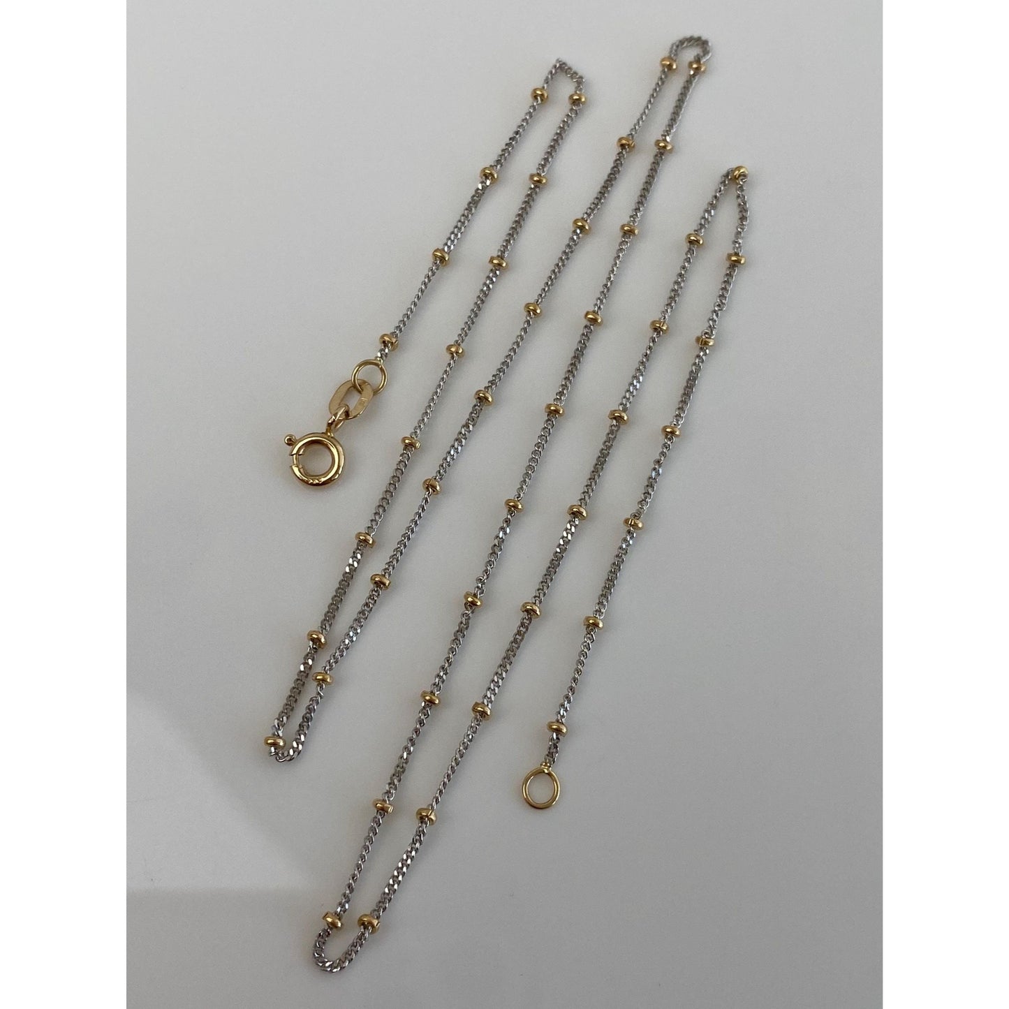 Solid 14k White & Yellow Gold Dainty Satellite Ball Cable Chain Necklace - 17.75 inches