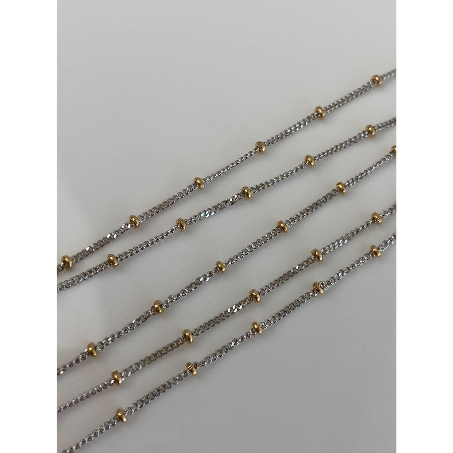 Solid 14k White & Yellow Gold Dainty Satellite Ball Cable Chain Necklace - 17.75 inches