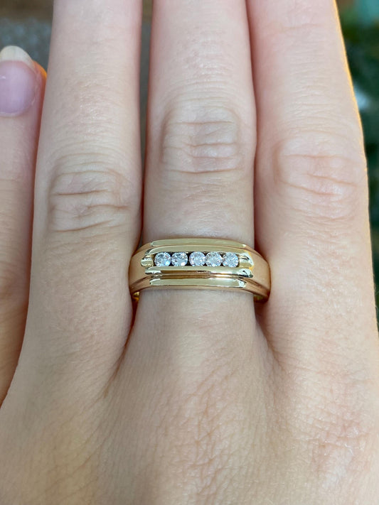 Vintage Solid 14k Yellow Gold Diamond Lined Border Ring Band - Size 11