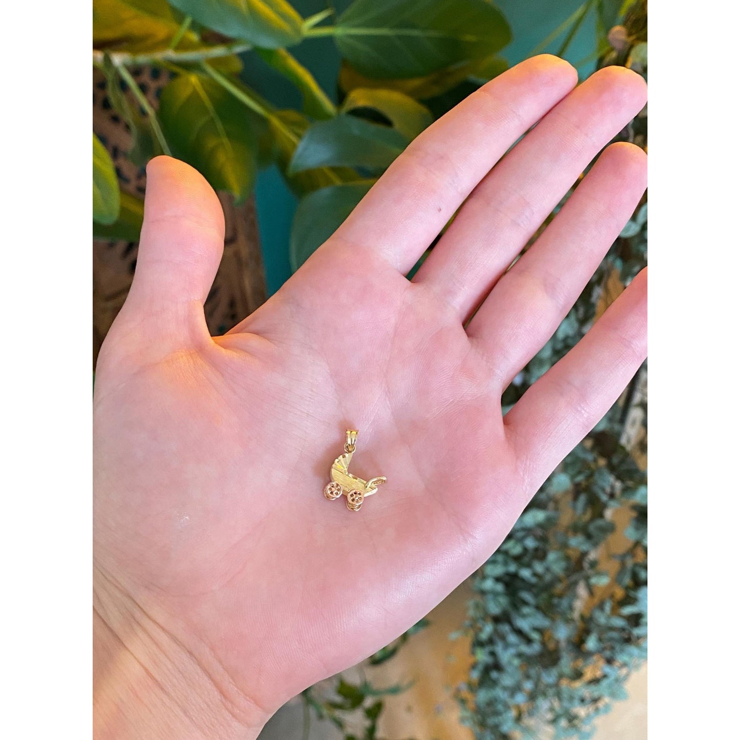 Vintage Solid 14k Yellow & Rose Gold Articulated Baby Carriage Charm