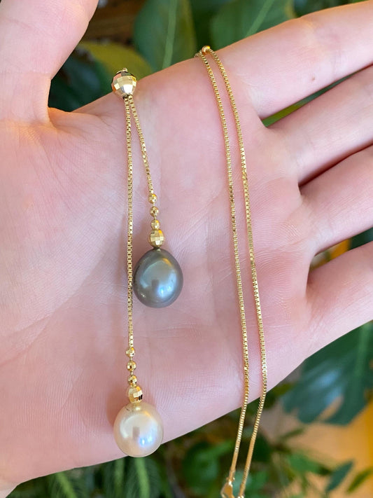 Solid 18k Yellow Gold White & Peacock Pearl Box Chain Lariat Necklace - 21.5 inches