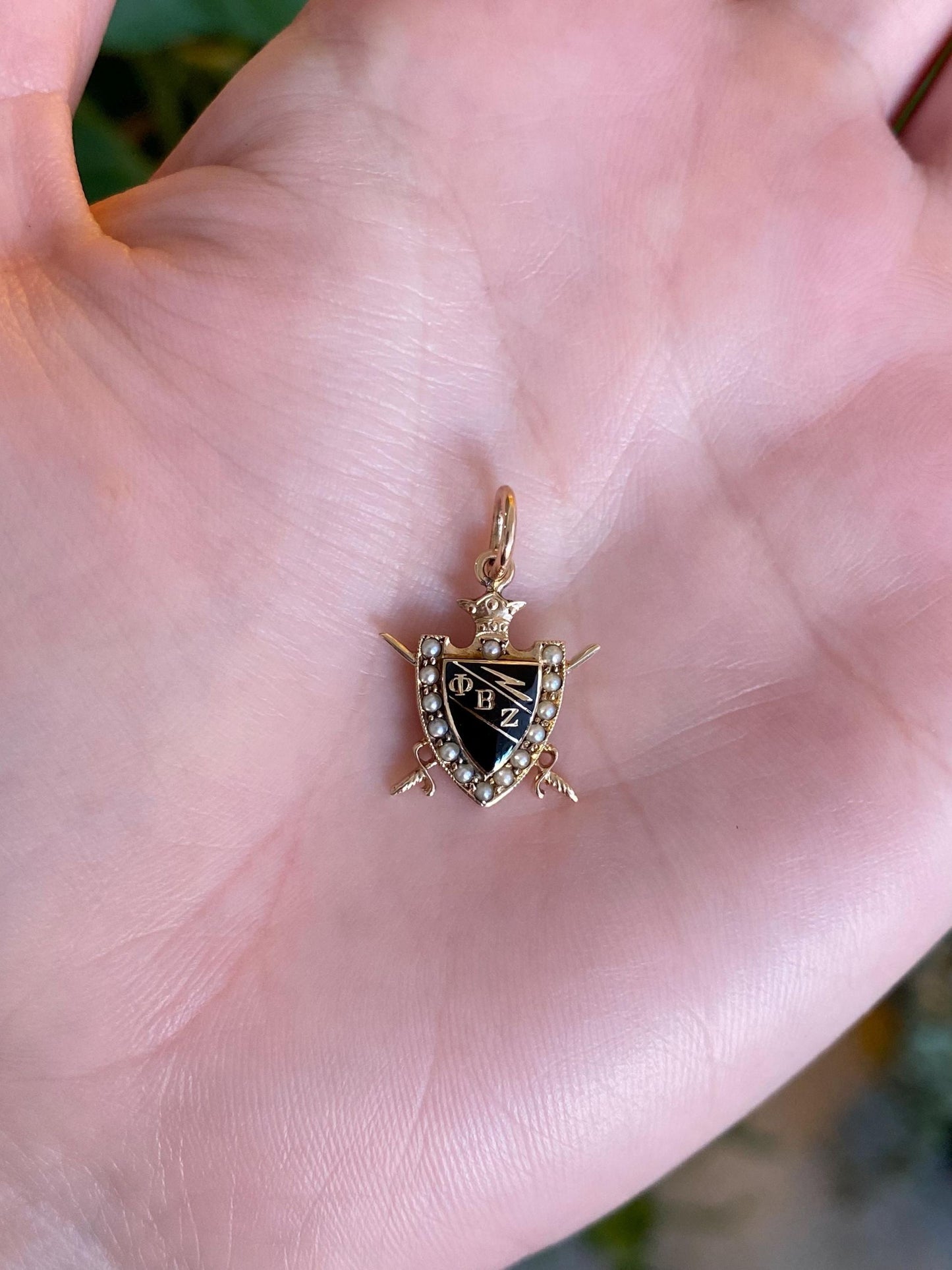 Vintage Solid 10k Yellow Gold Black Enamel Seed Pearls Fraternity Charm