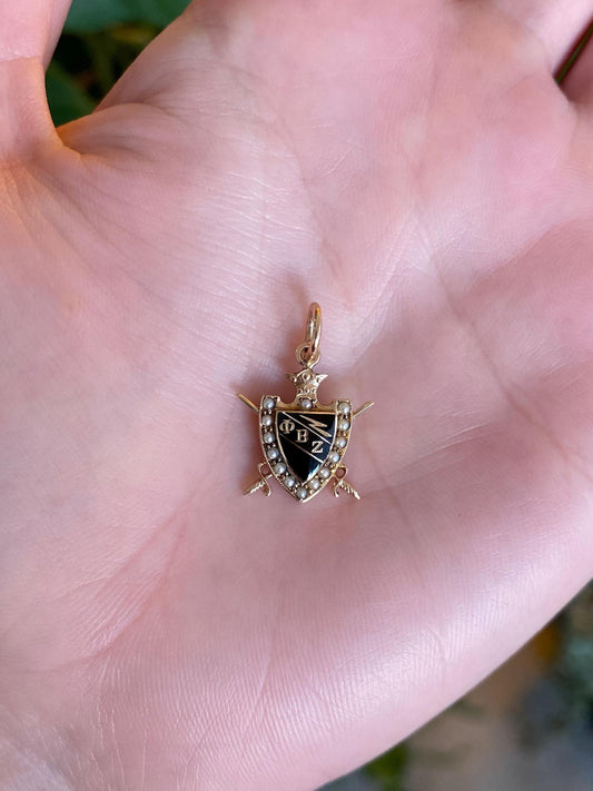 Vintage Solid 10k Yellow Gold Black Enamel Seed Pearls Fraternity Charm
