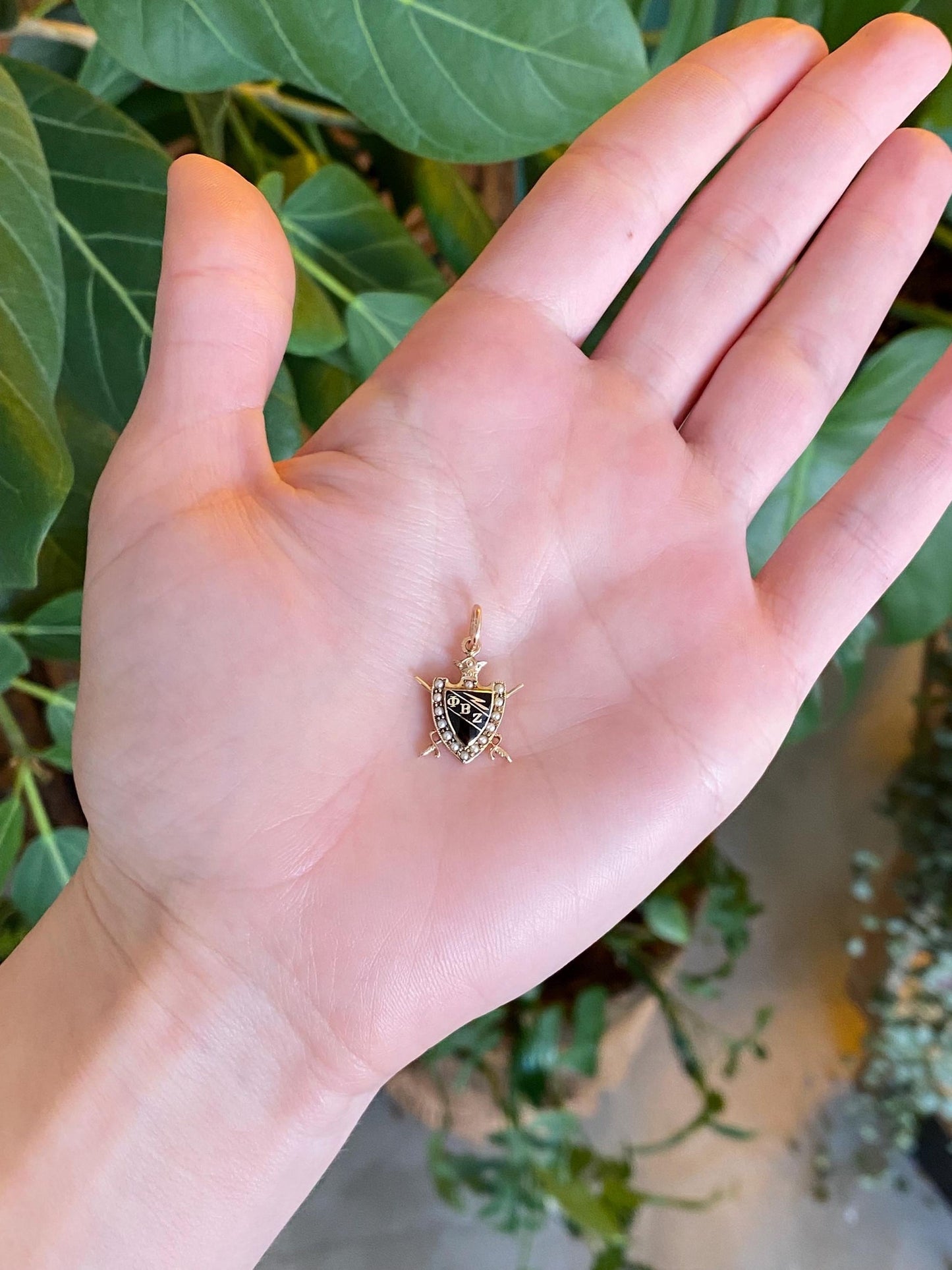 Vintage Solid 10k Yellow Gold Black Enamel Seed Pearls Fraternity Charm